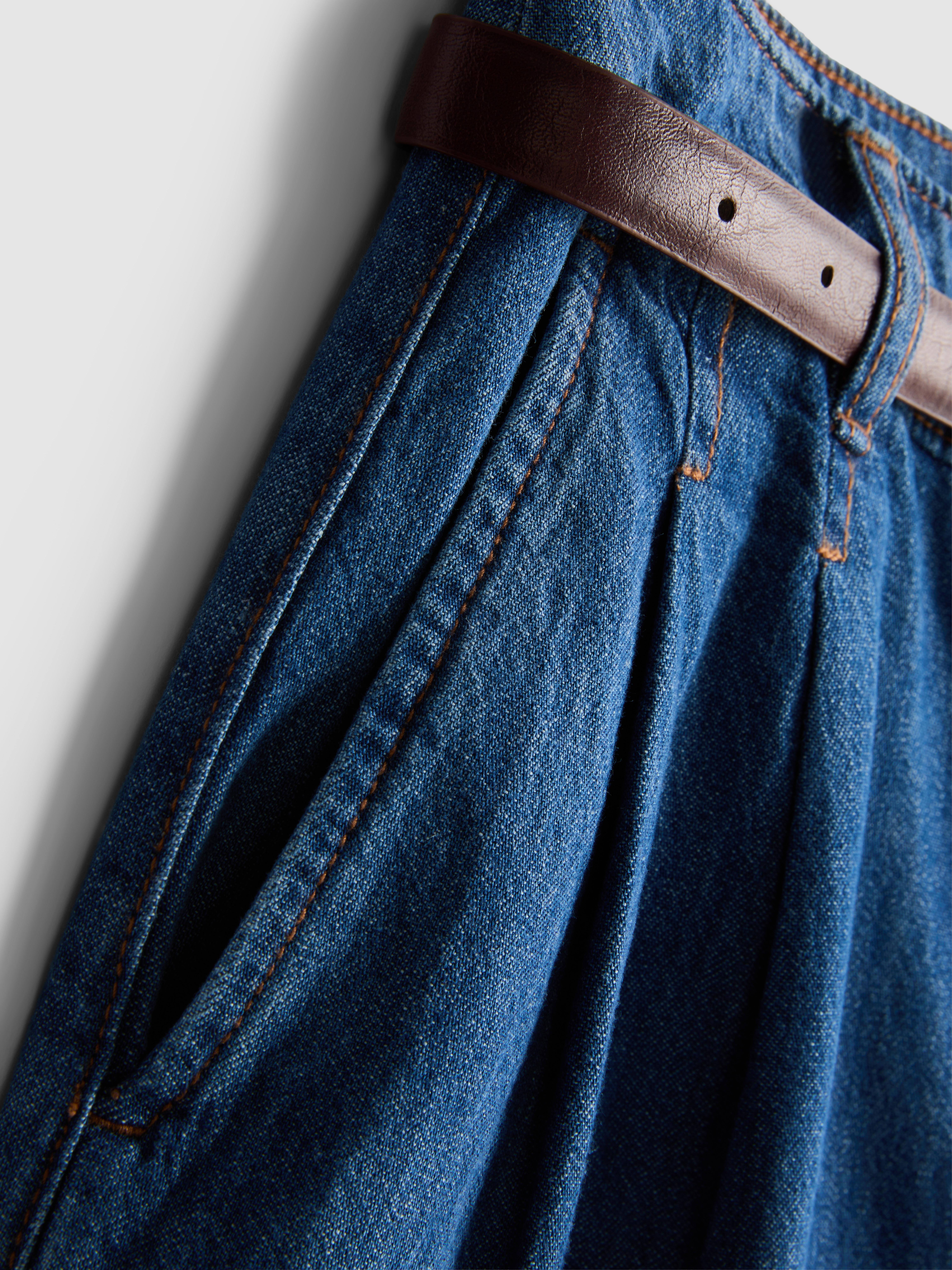 Cotton Denim Belted Culotte Pants - Mid Blue