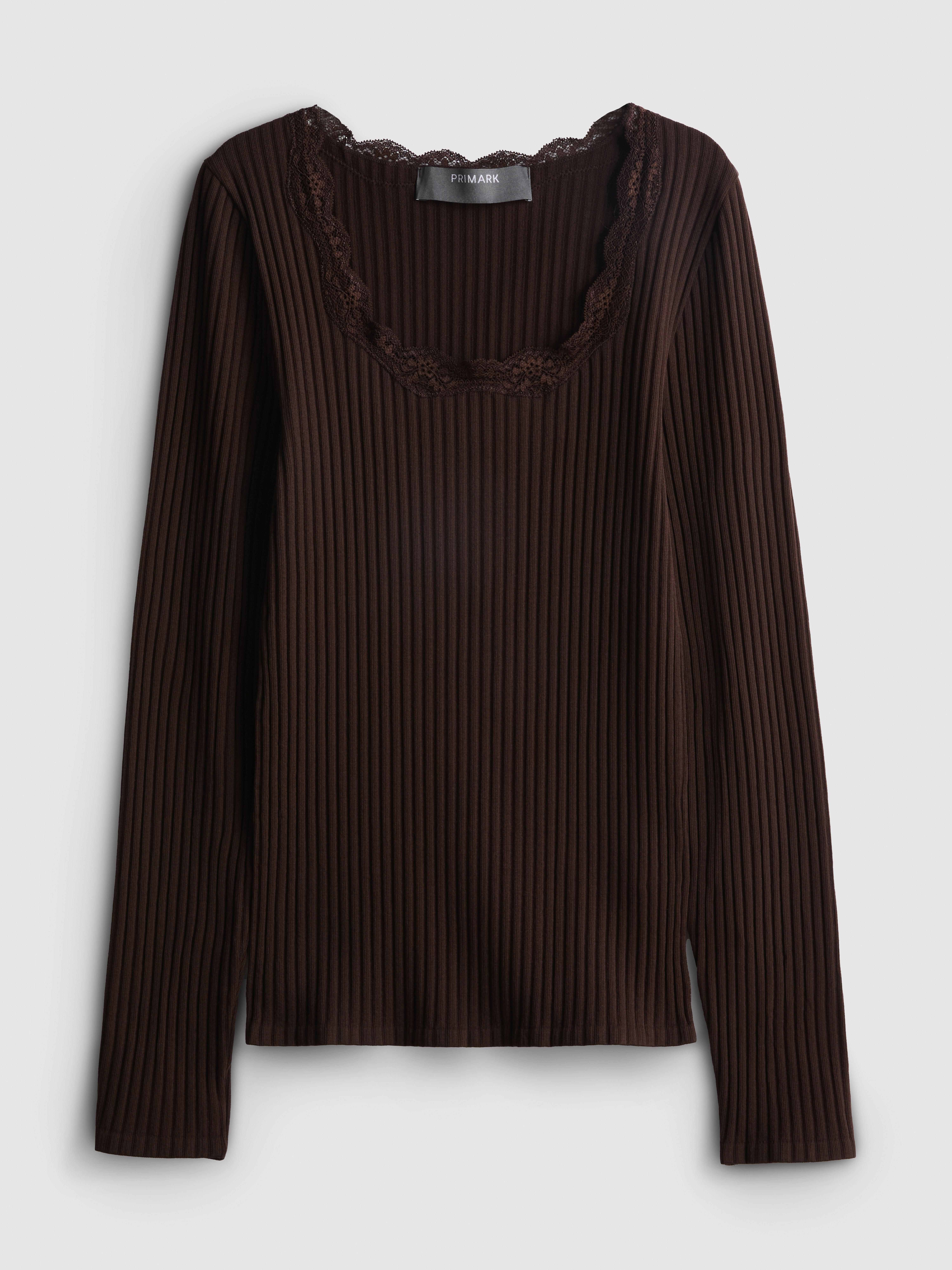Ribbed Long-Sleeve Squareneck Top - Chocolate