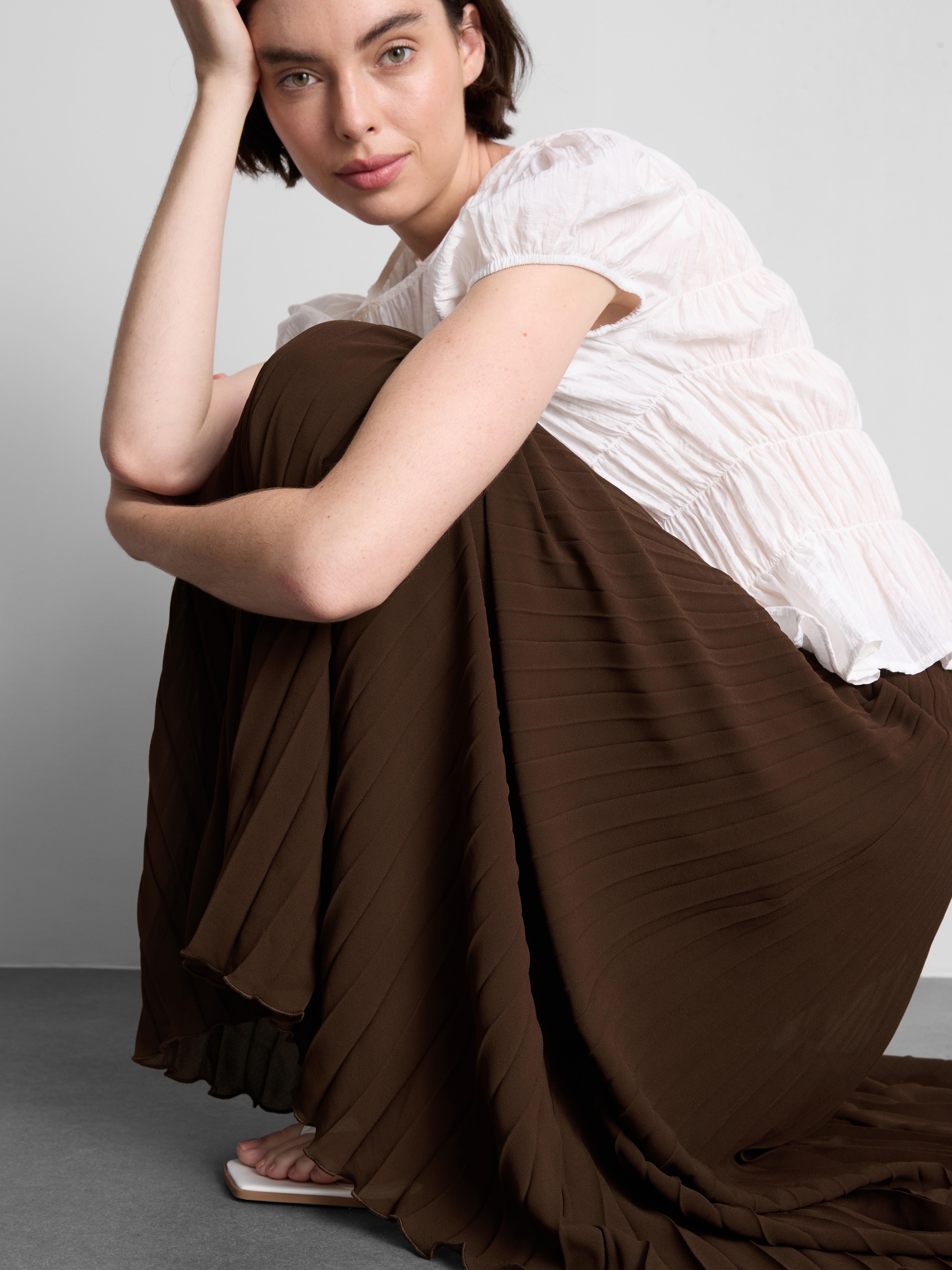 Pleated Chiffon Midi Skirt - Chocolate