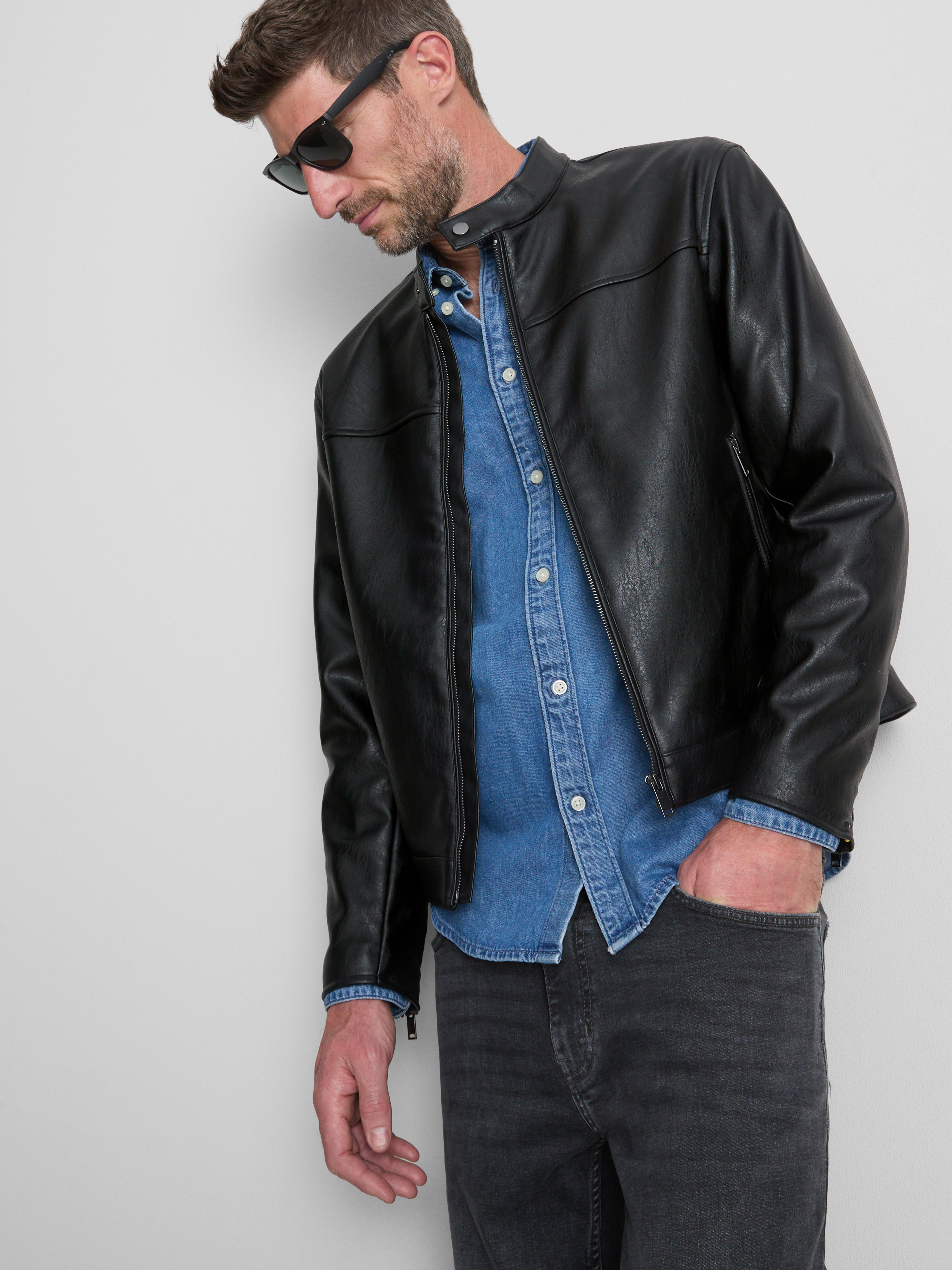 Faux Leather Zip-Up Jacket - Black