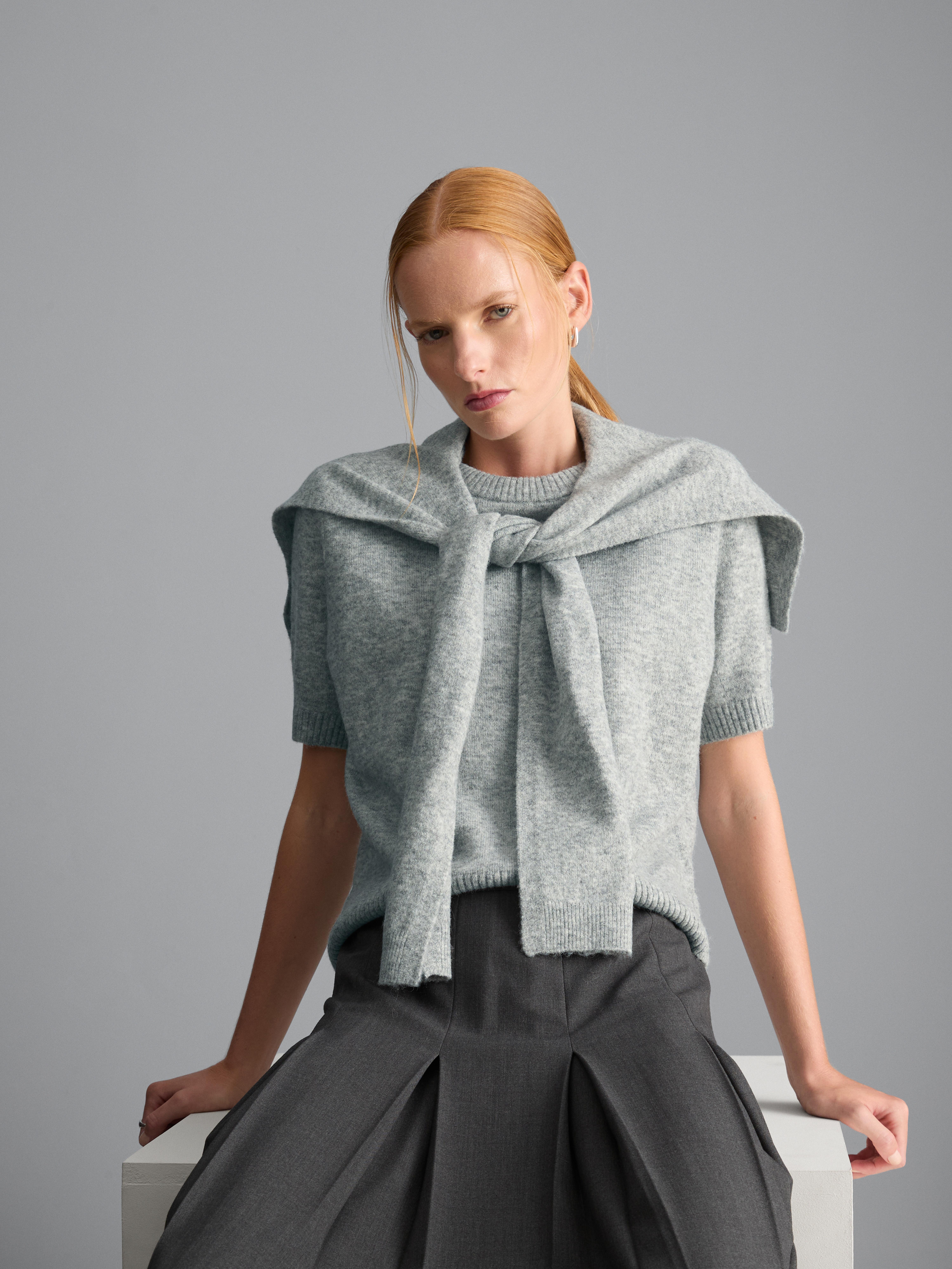 Knitted Tie Neck Tee - Light Gray