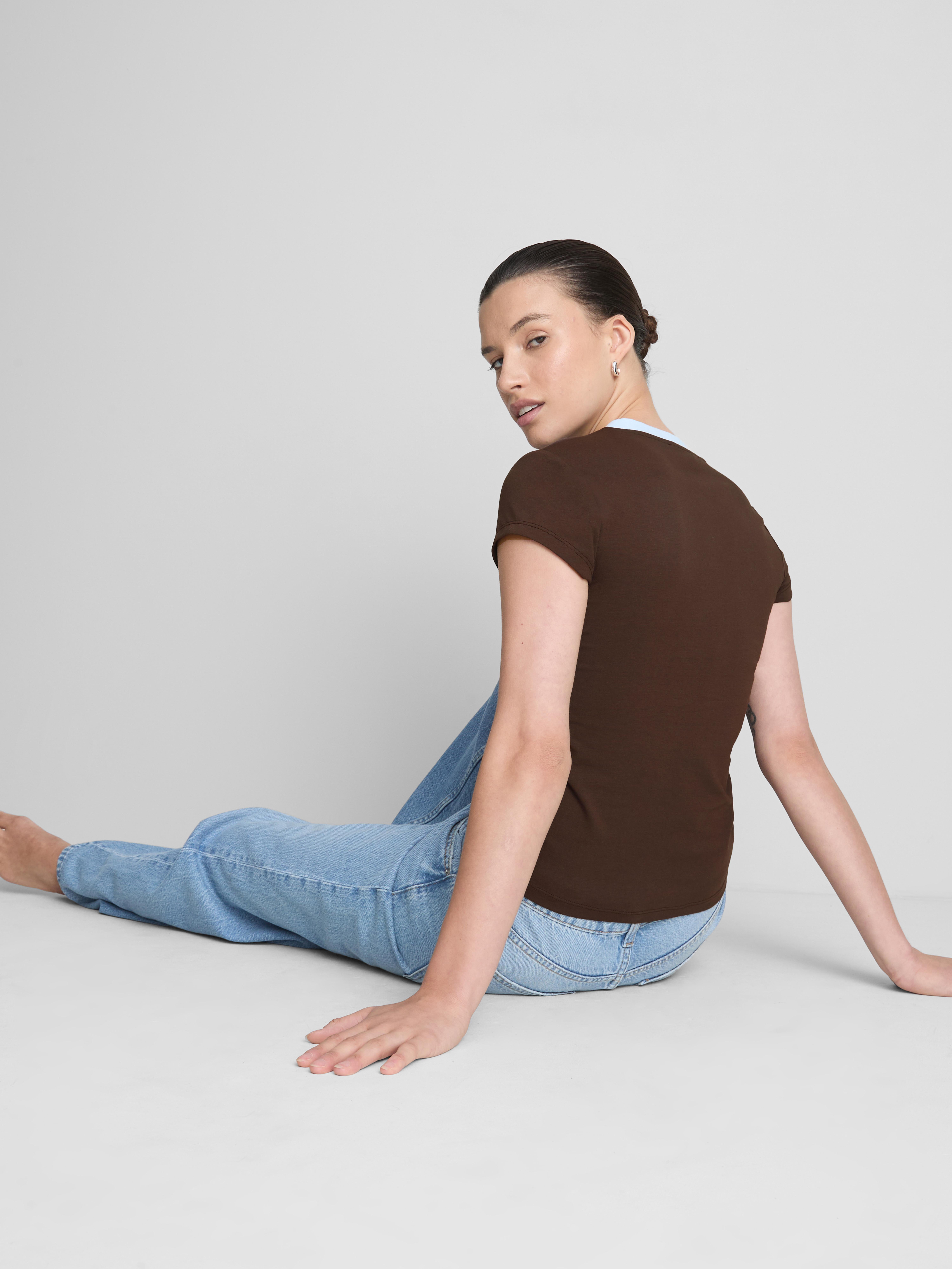 Cotton Rich Contrast V Neck Tee - Blue