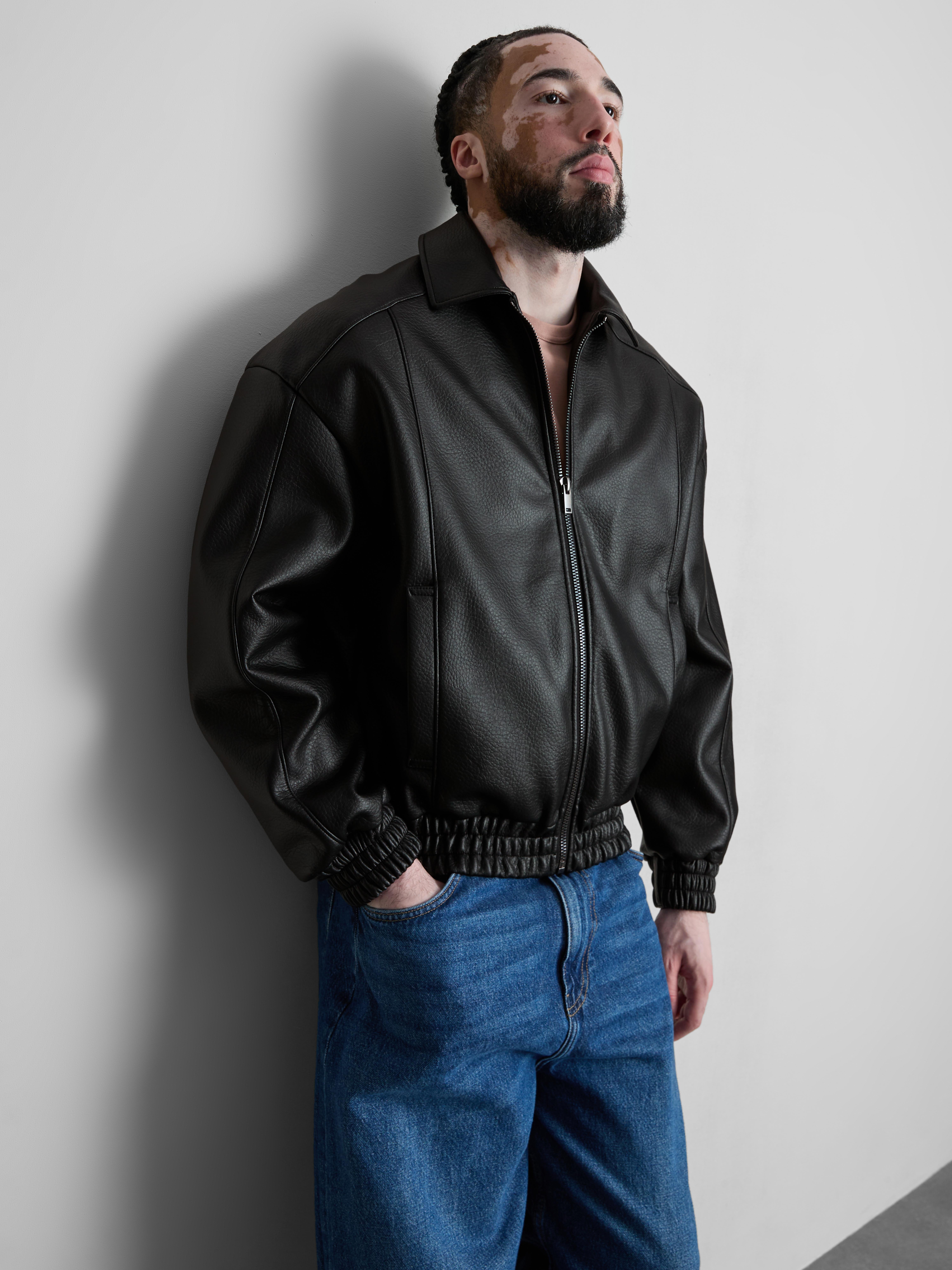 Faux Leather Bomber Jacket - Black