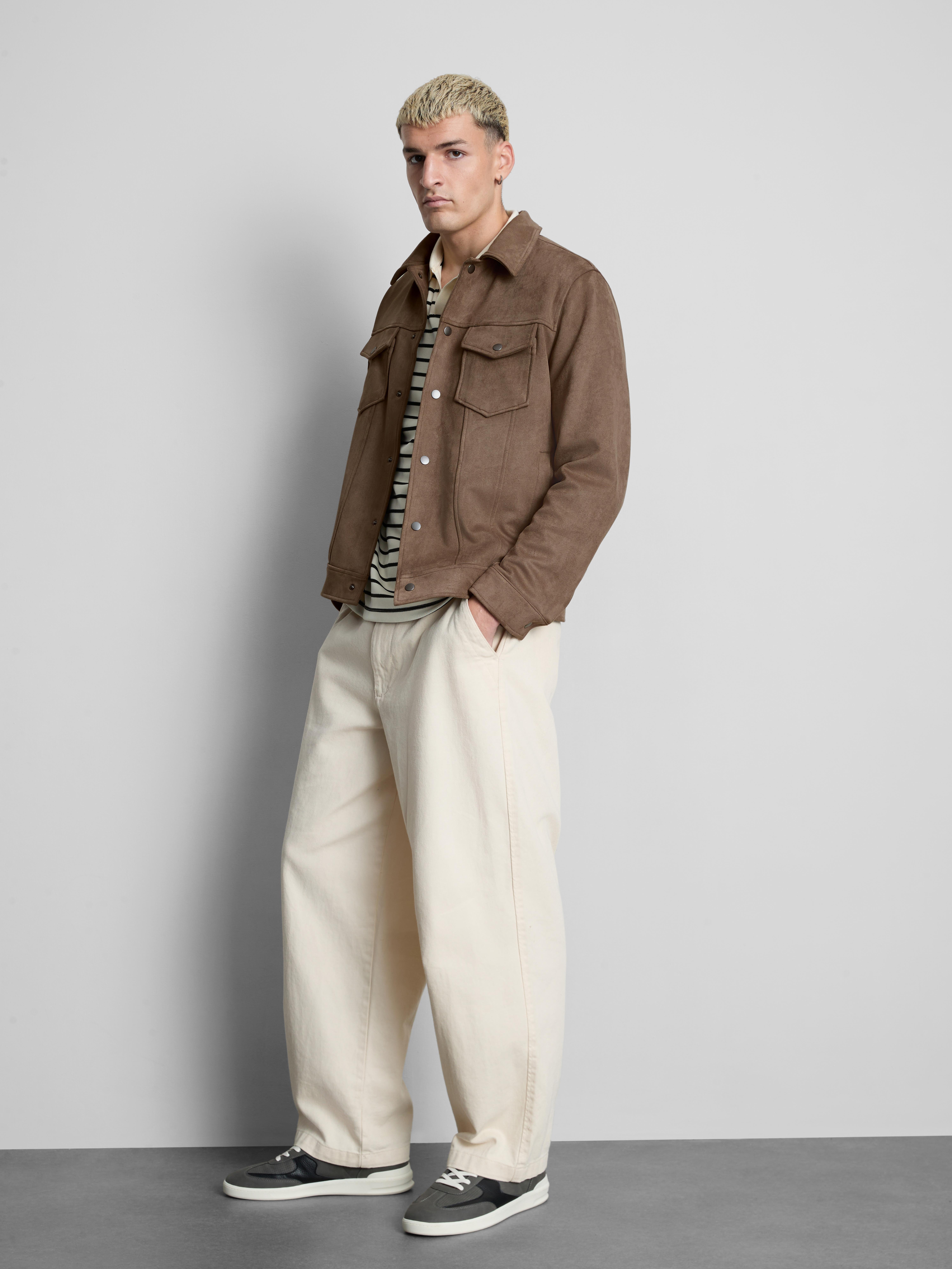 Faux Suede Trucker Jacket - Taupe