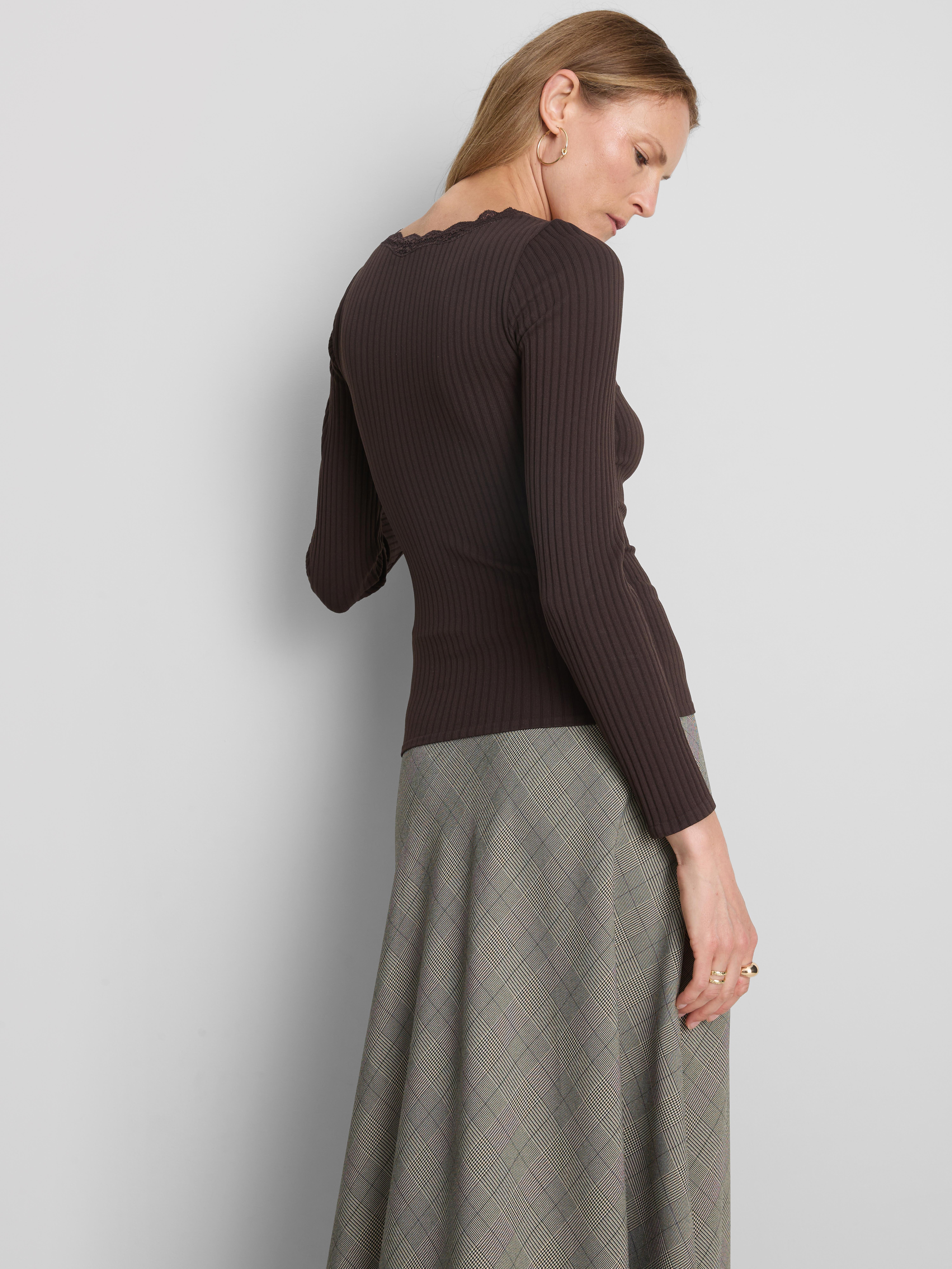 Ribbed Long-Sleeve Squareneck Top - Chocolate