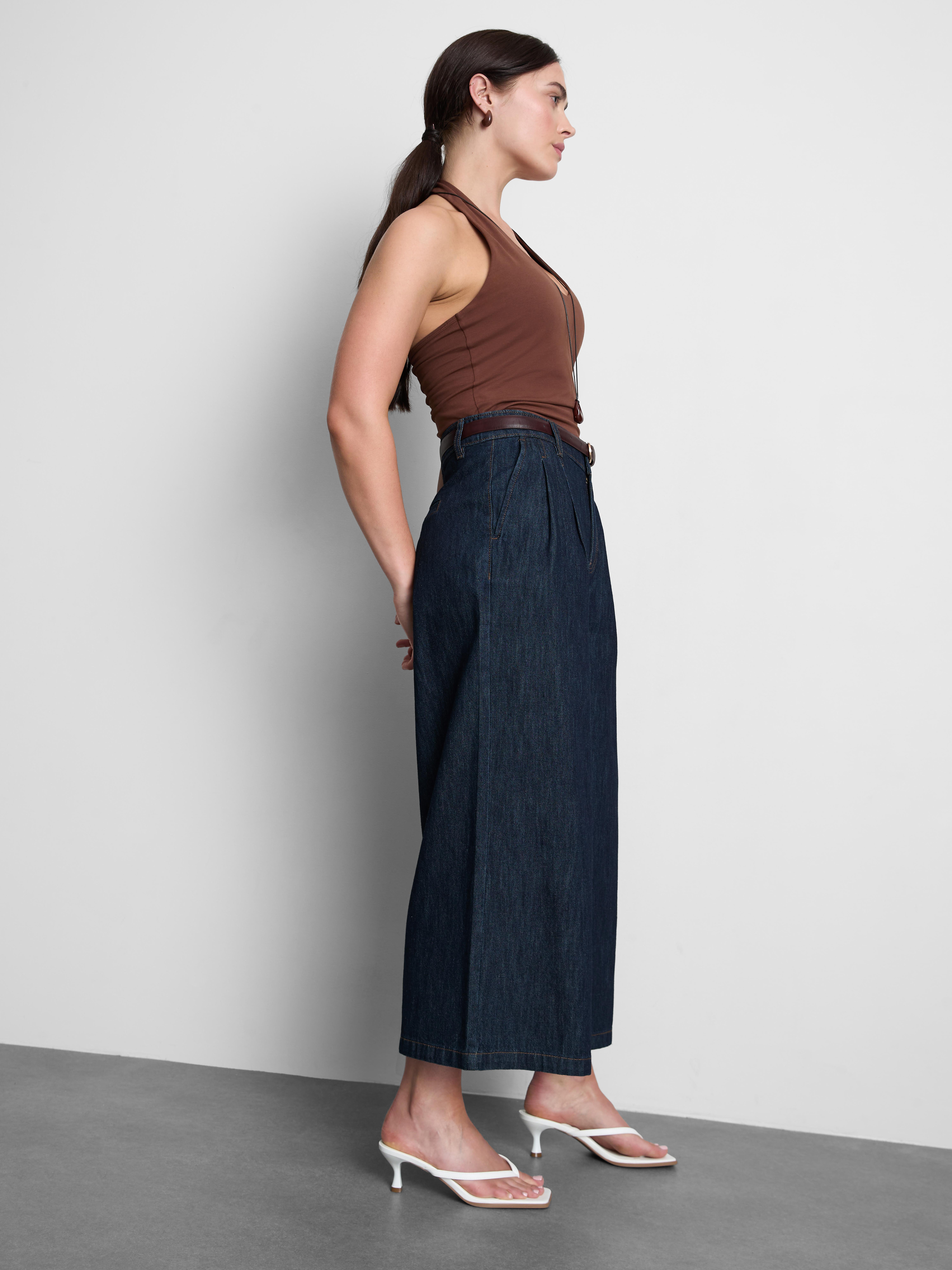 Cotton Denim Belted Culotte Pants - Indigo