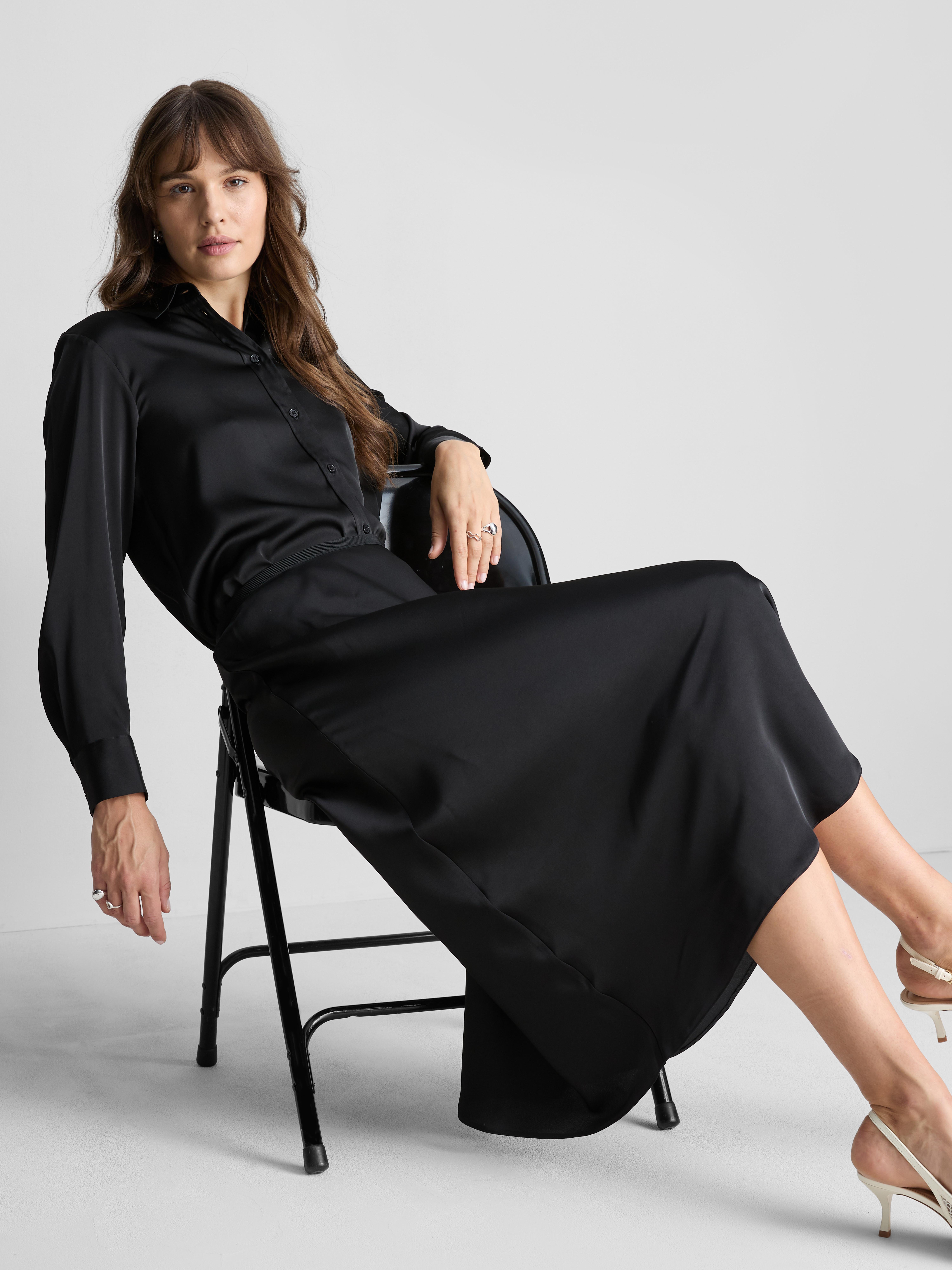 Satin Circle Midi Skirt - Black