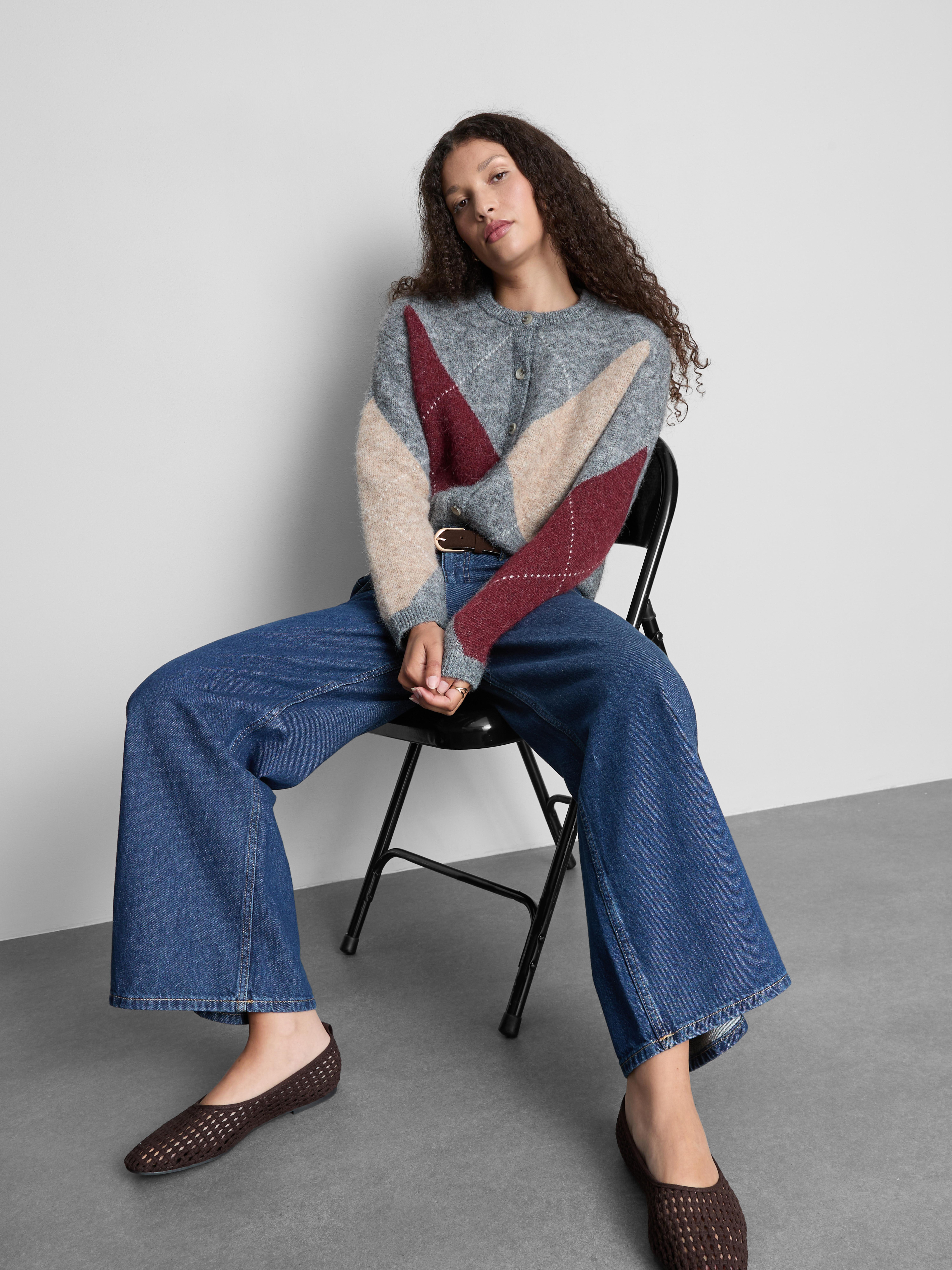 The Edit Argyle Button-Up Cardigan - Gray