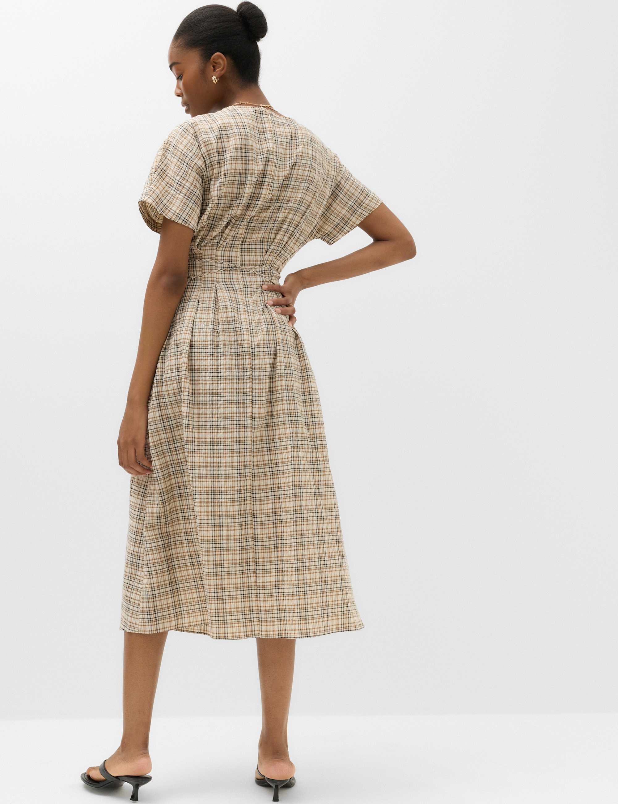 Pure Cotton Checked V-Neck Midi Waisted Dress