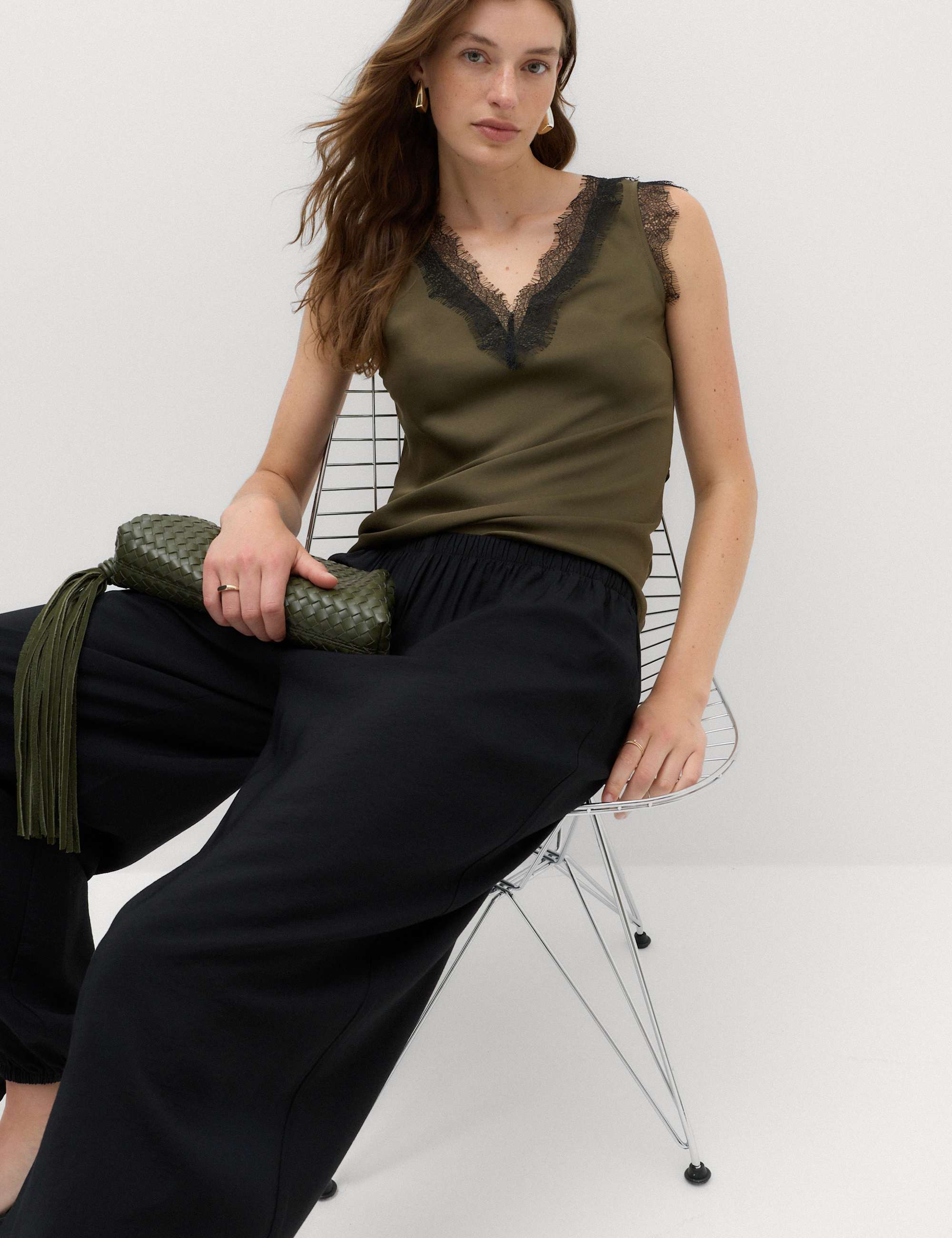 Satin V-Neck Lace Insert Cami Top