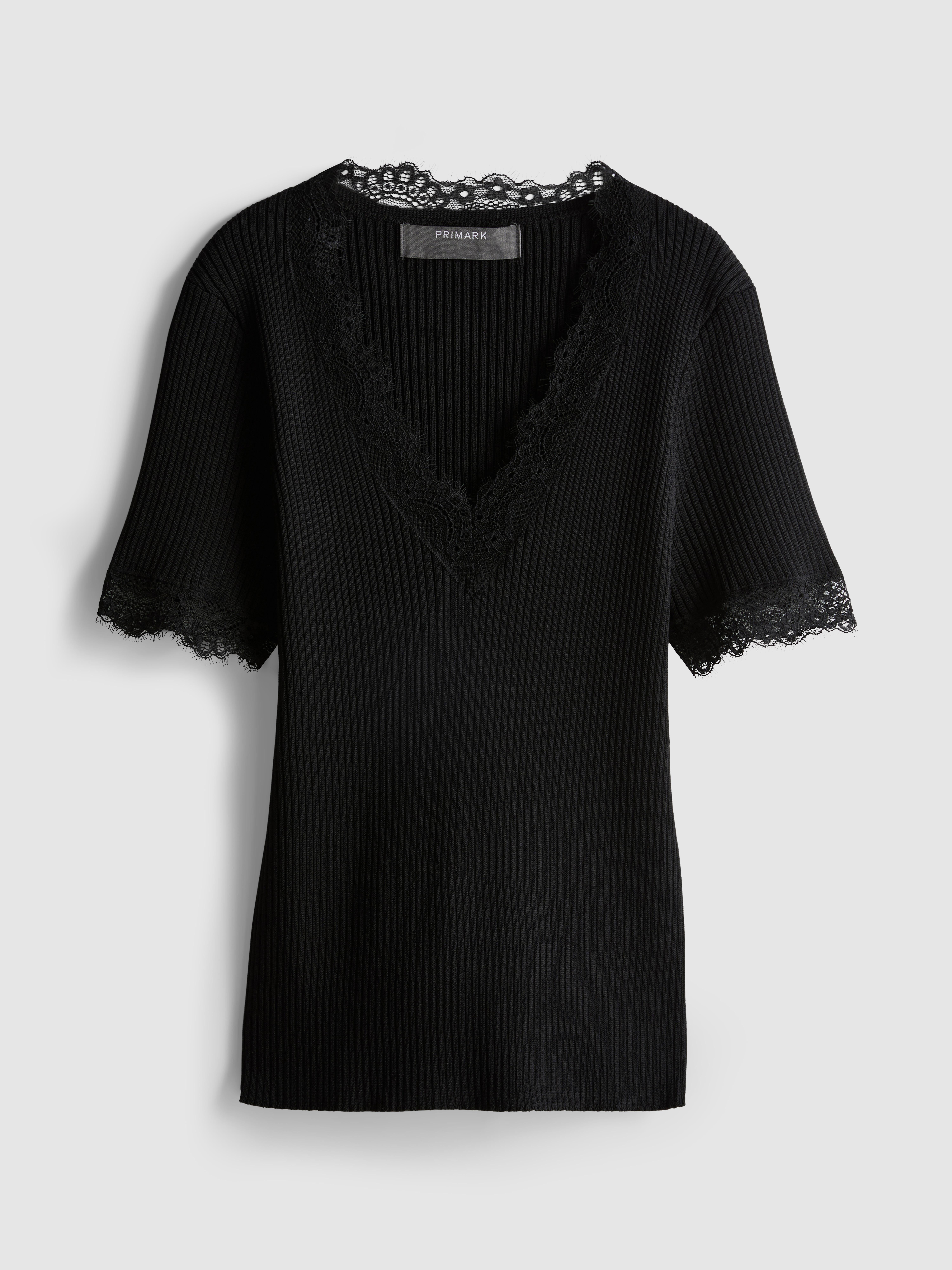Ribbed Lace-Trim Tee - Black