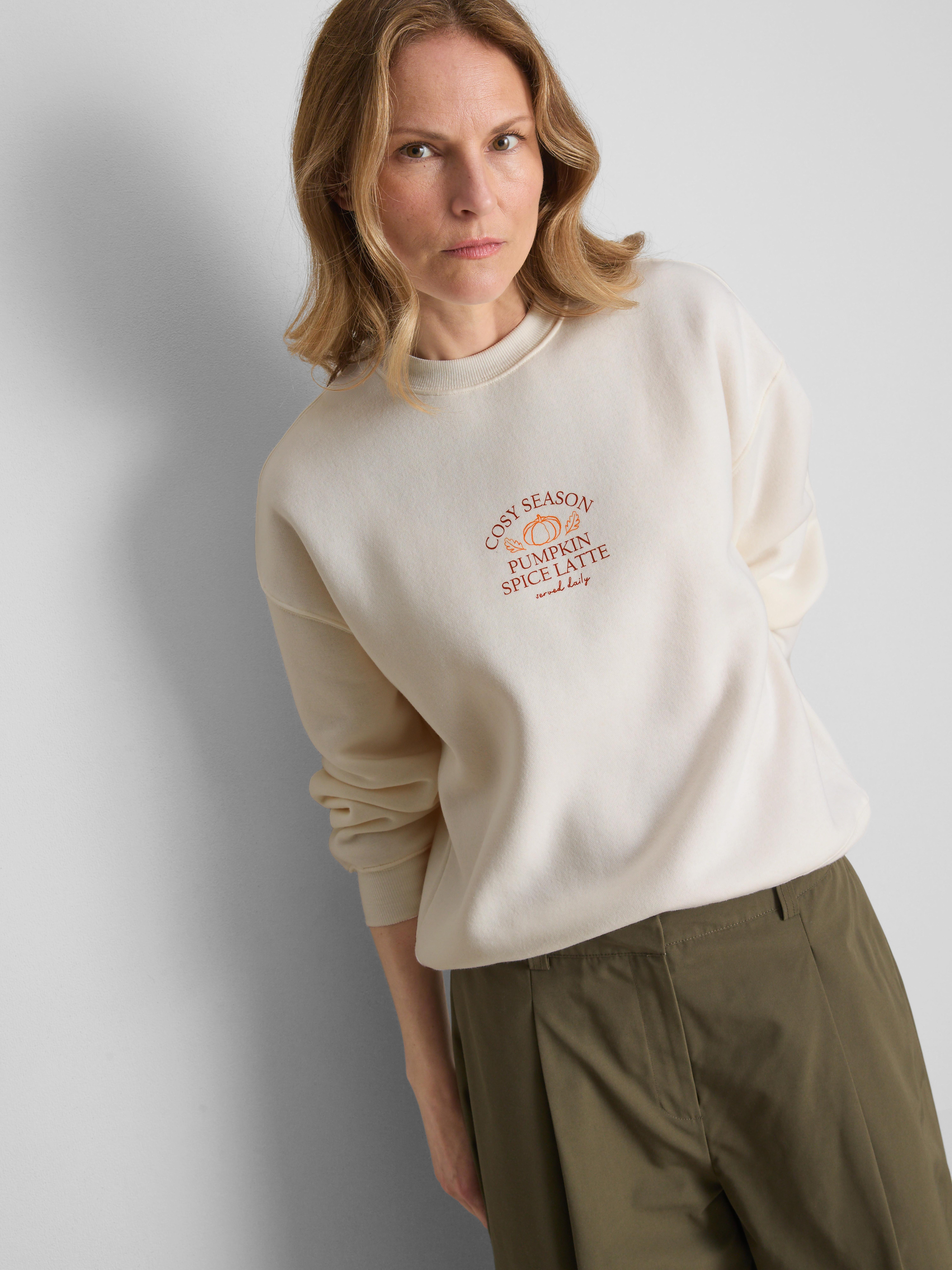Cotton Blend Relaxed Graphic Sweatshirt - Ivory