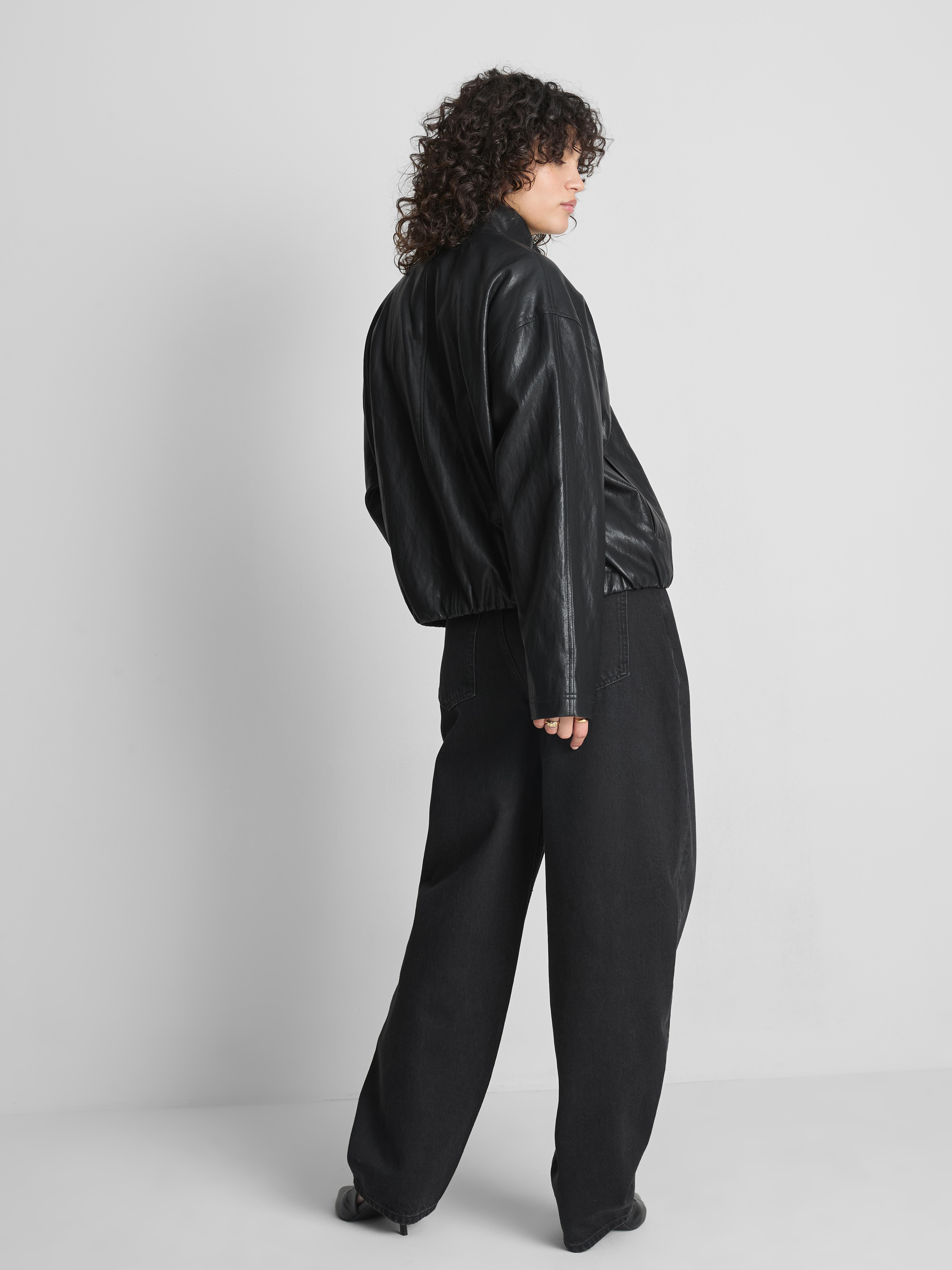 Faux Leather Funnel Jacket - Black