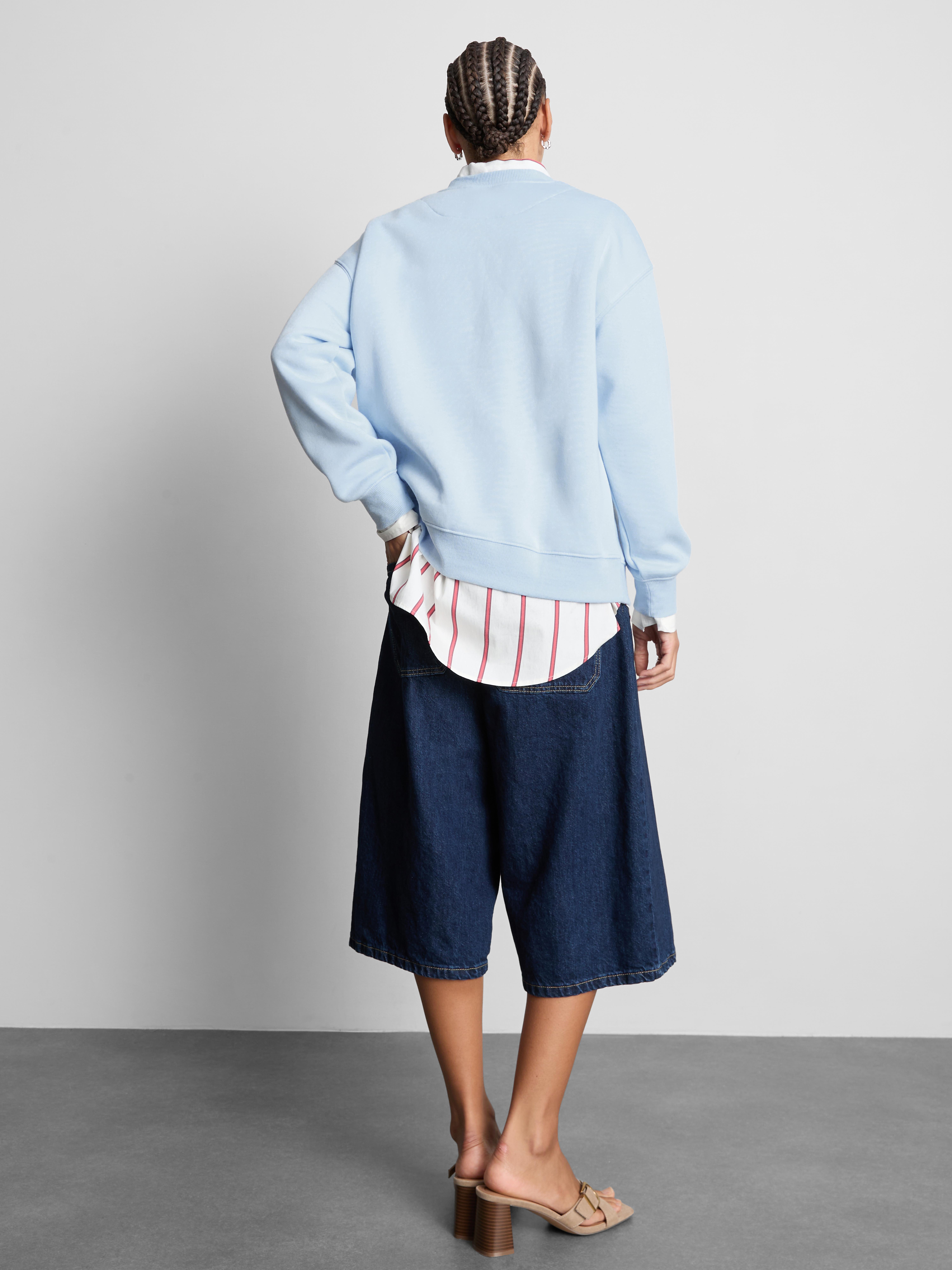 Cotton Blend Relaxed Graphic Sweatshirt - Light Blue