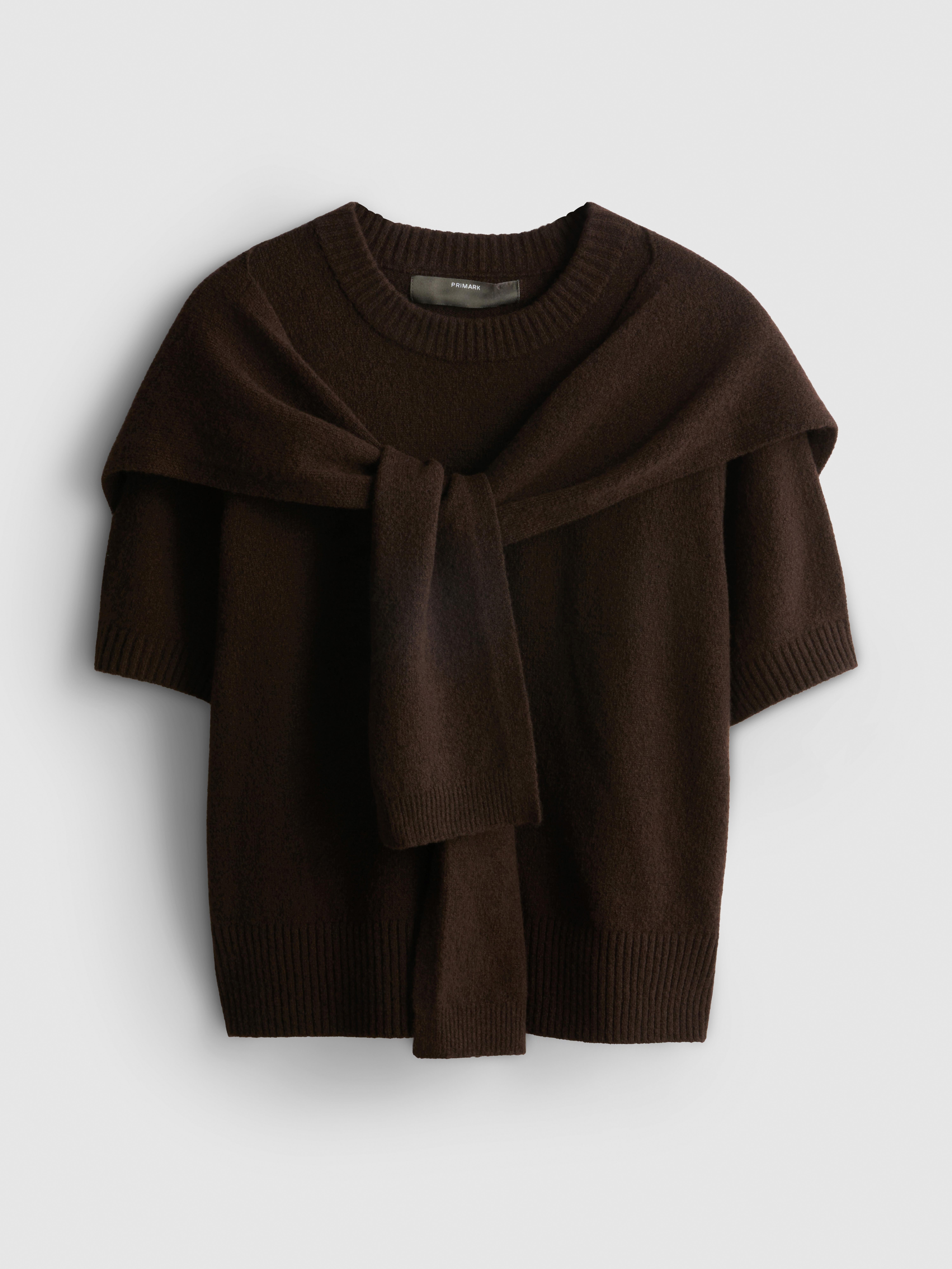 Knitted Tie Neck Tee - Chocolate
