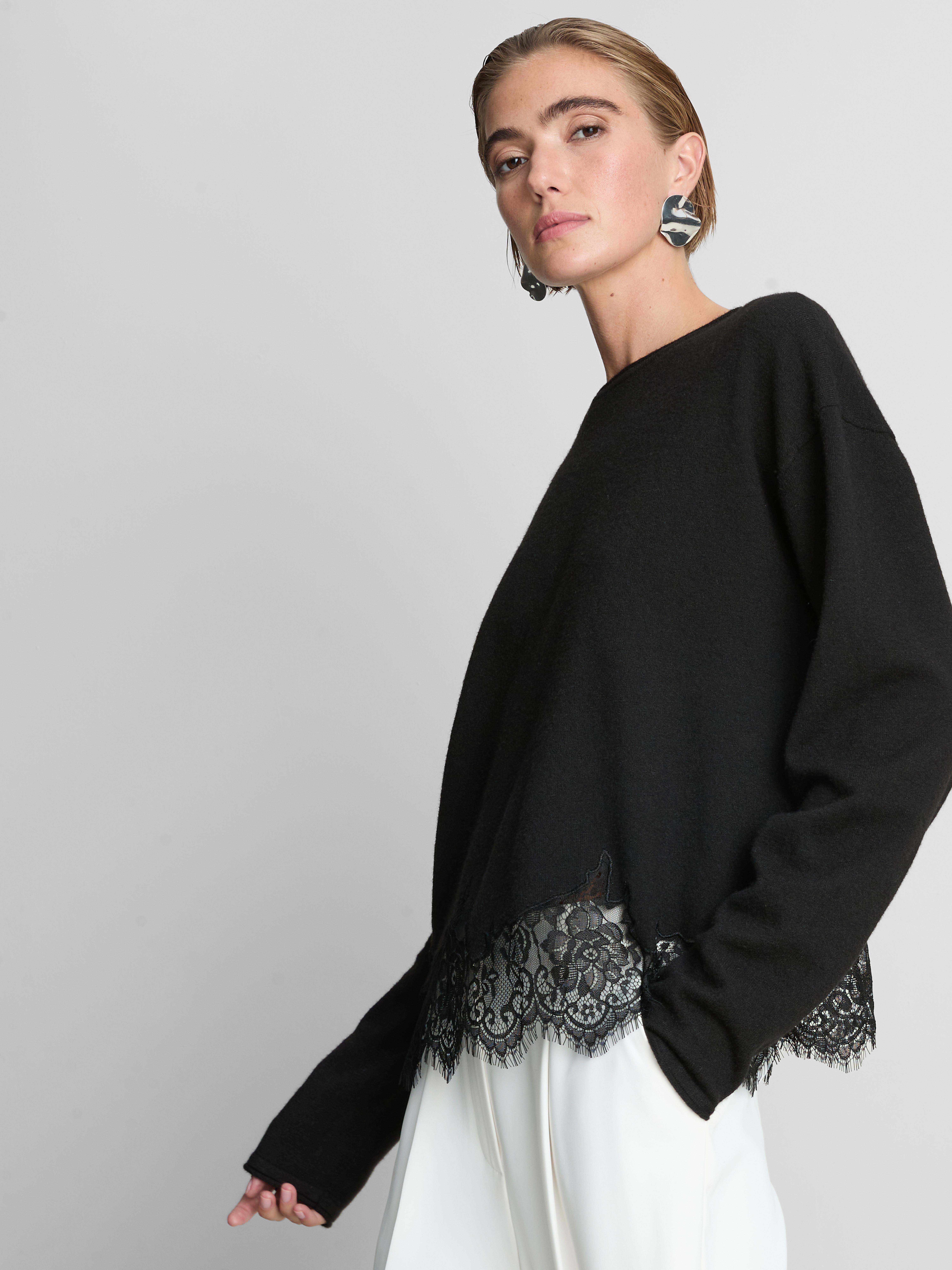 Relaxed Lace-Hem Sweater - Black