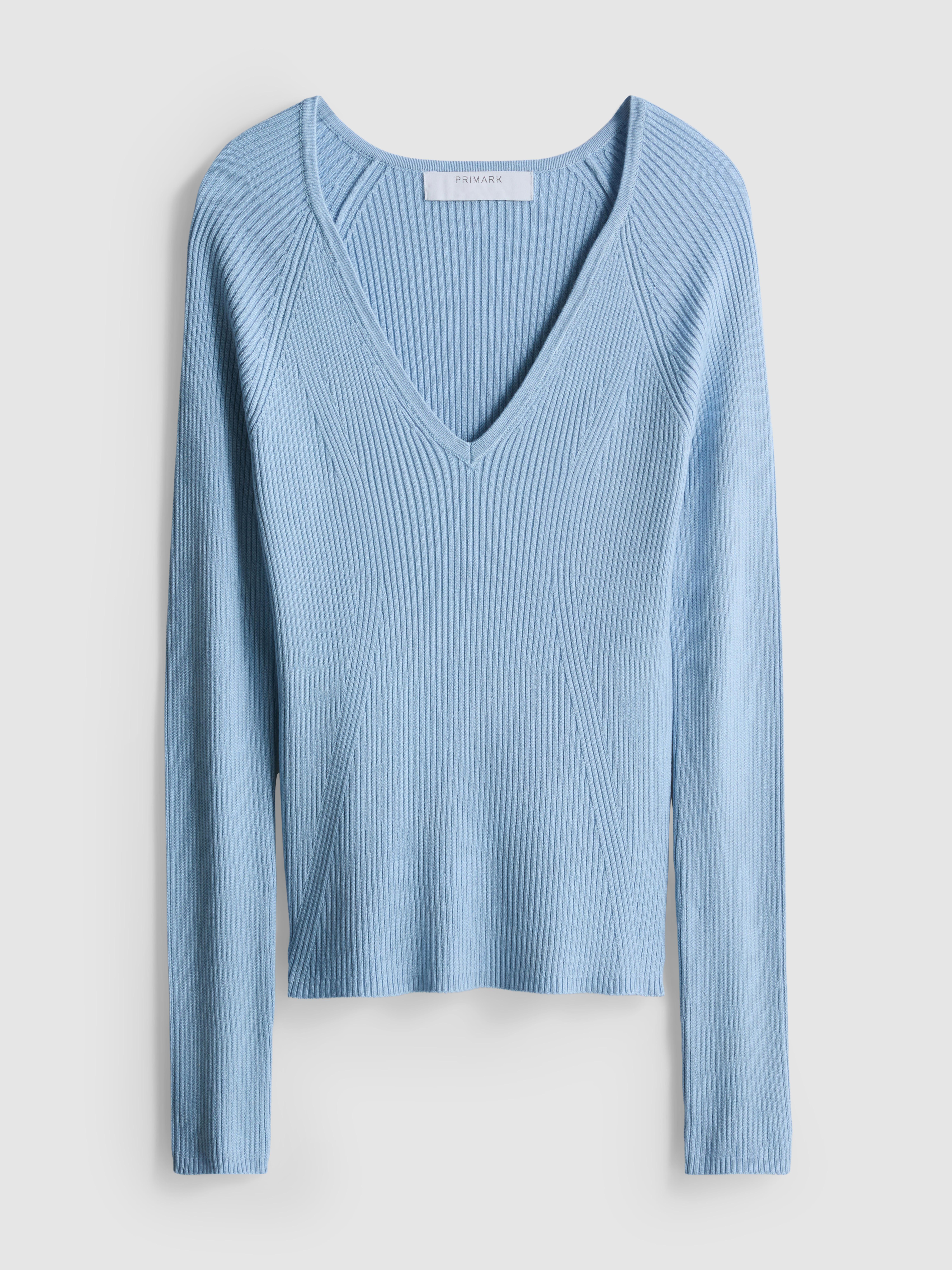 Ribbed V-Neck Sweater - Blue