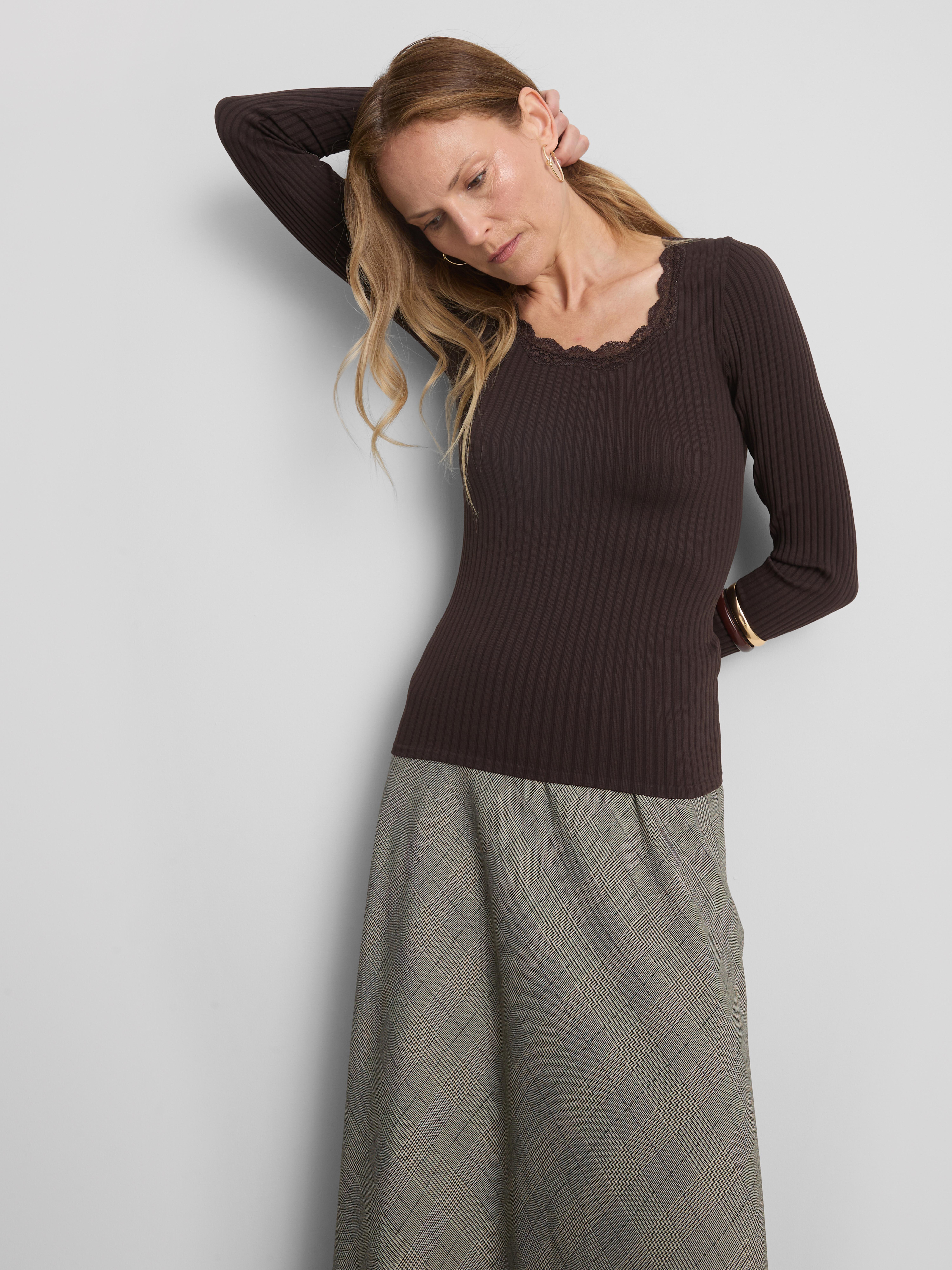 Ribbed Long-Sleeve Squareneck Top - Chocolate