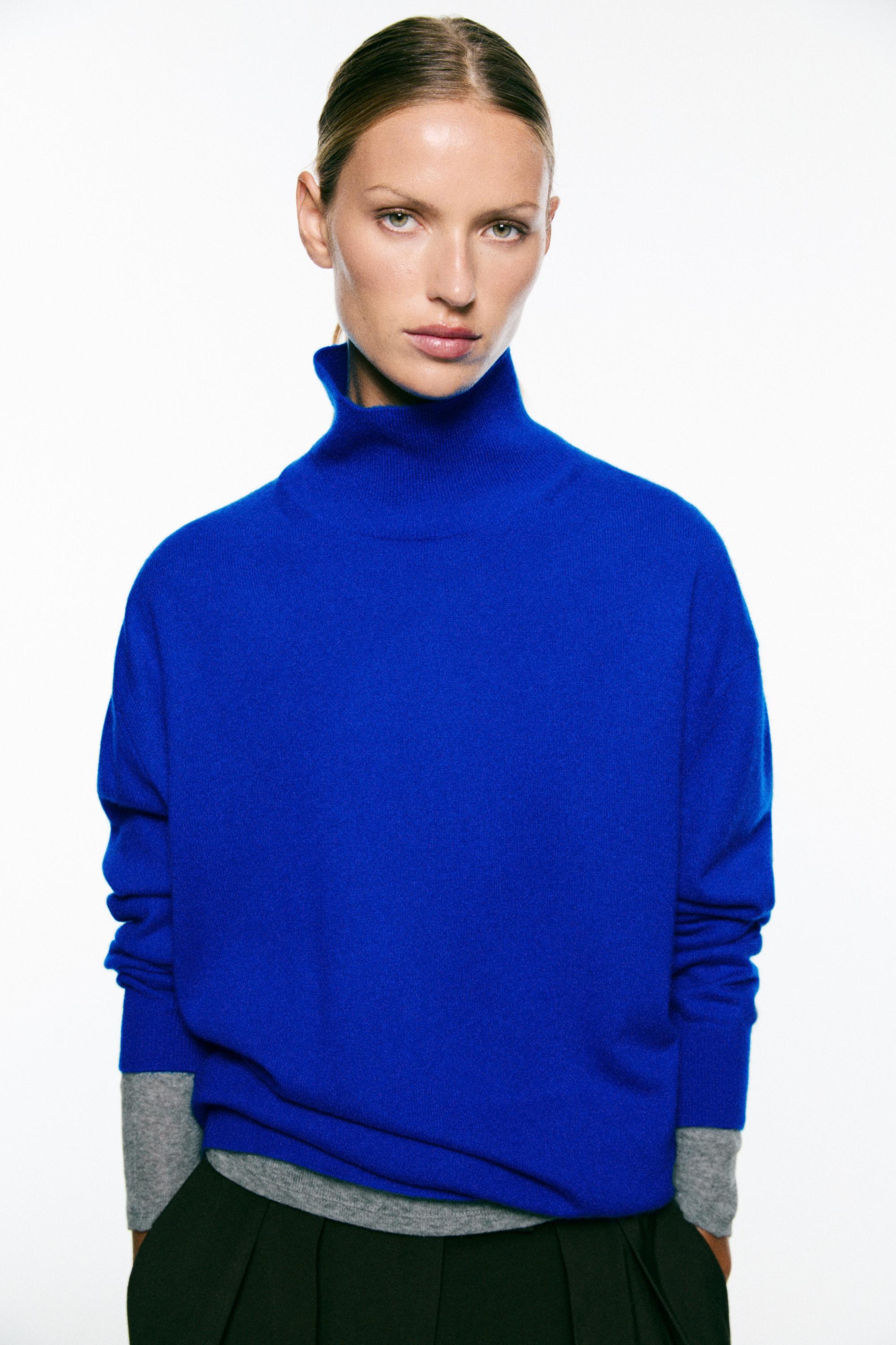 100% cashmere high neck knit sweater - DEEP BLUE