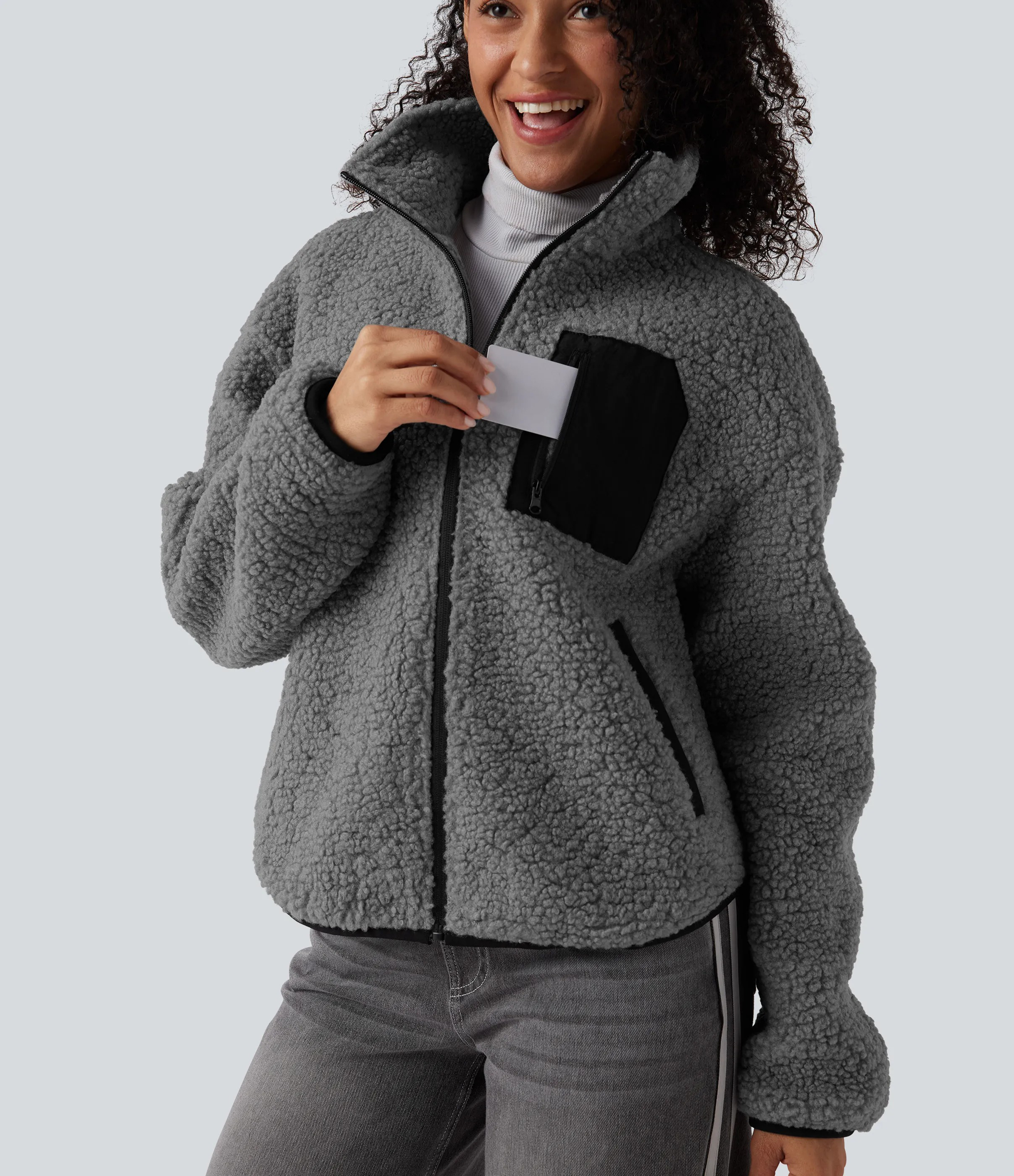 Turtleneck Long Sleeve Casual Sherpa Jacket with Pockets