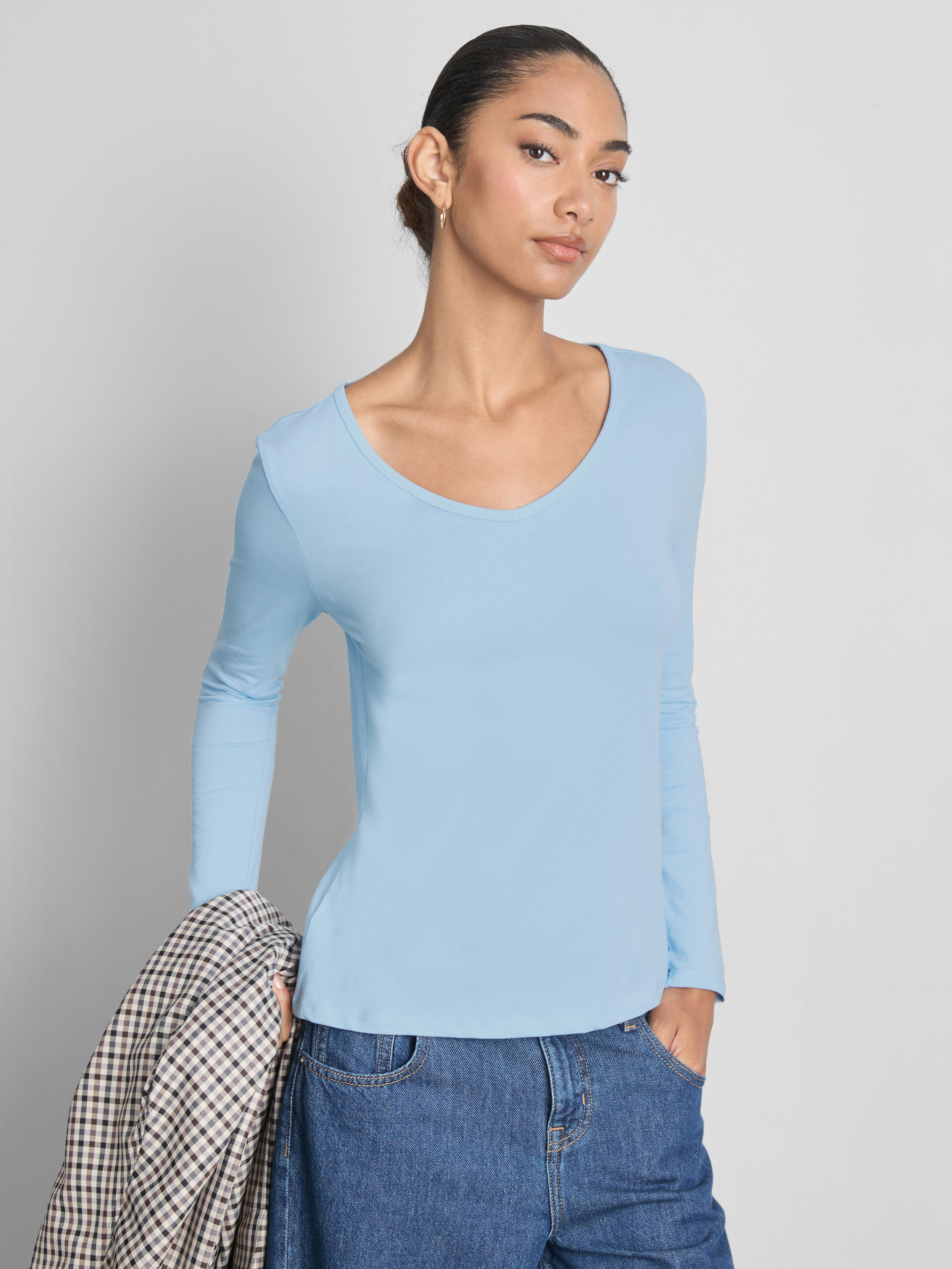 Cotton-Rich Long-Sleeve V-Neck Stretch Top - Light Blue