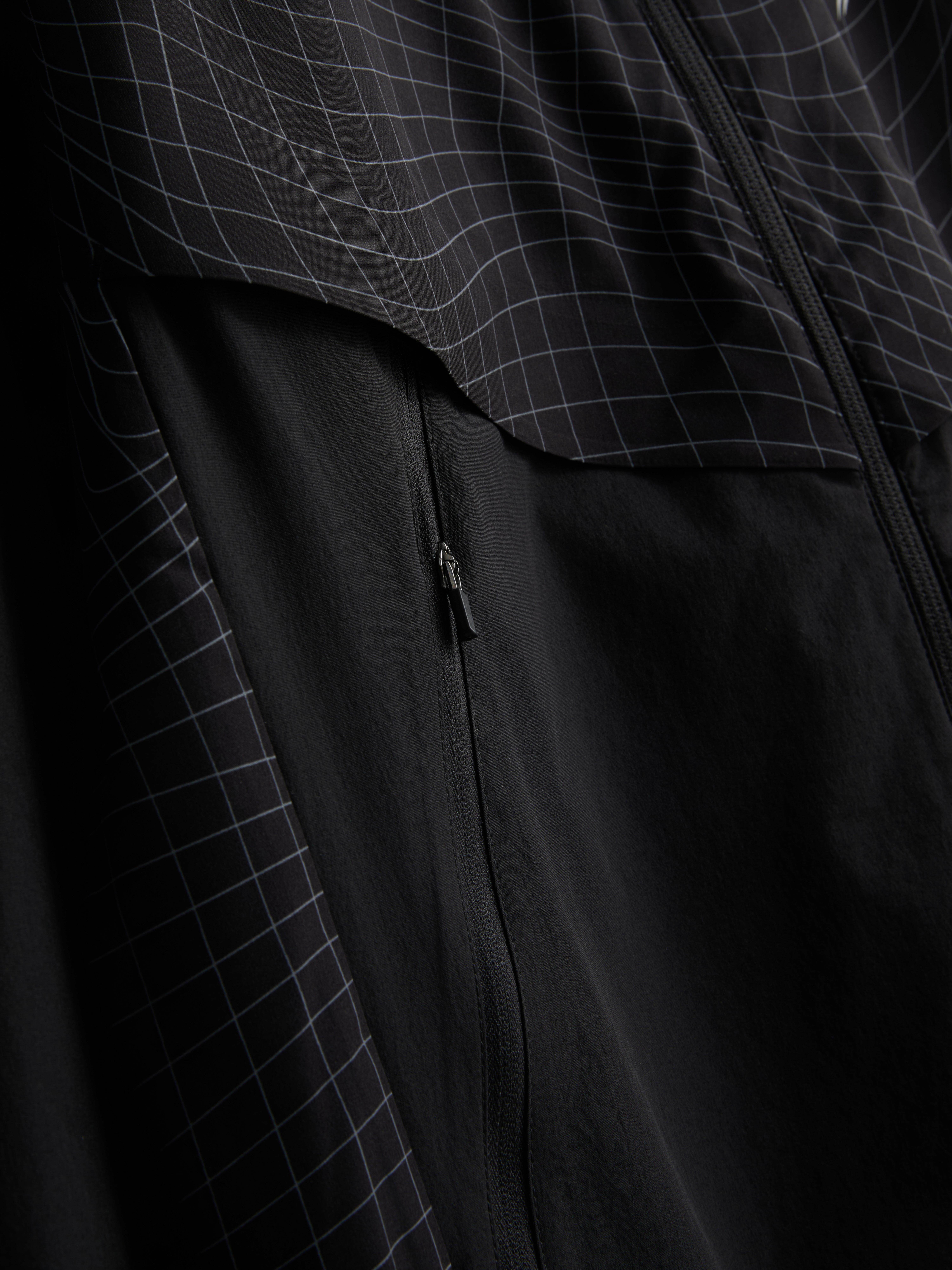 Grid Panel Zip-Up Hooded Jacket - Black