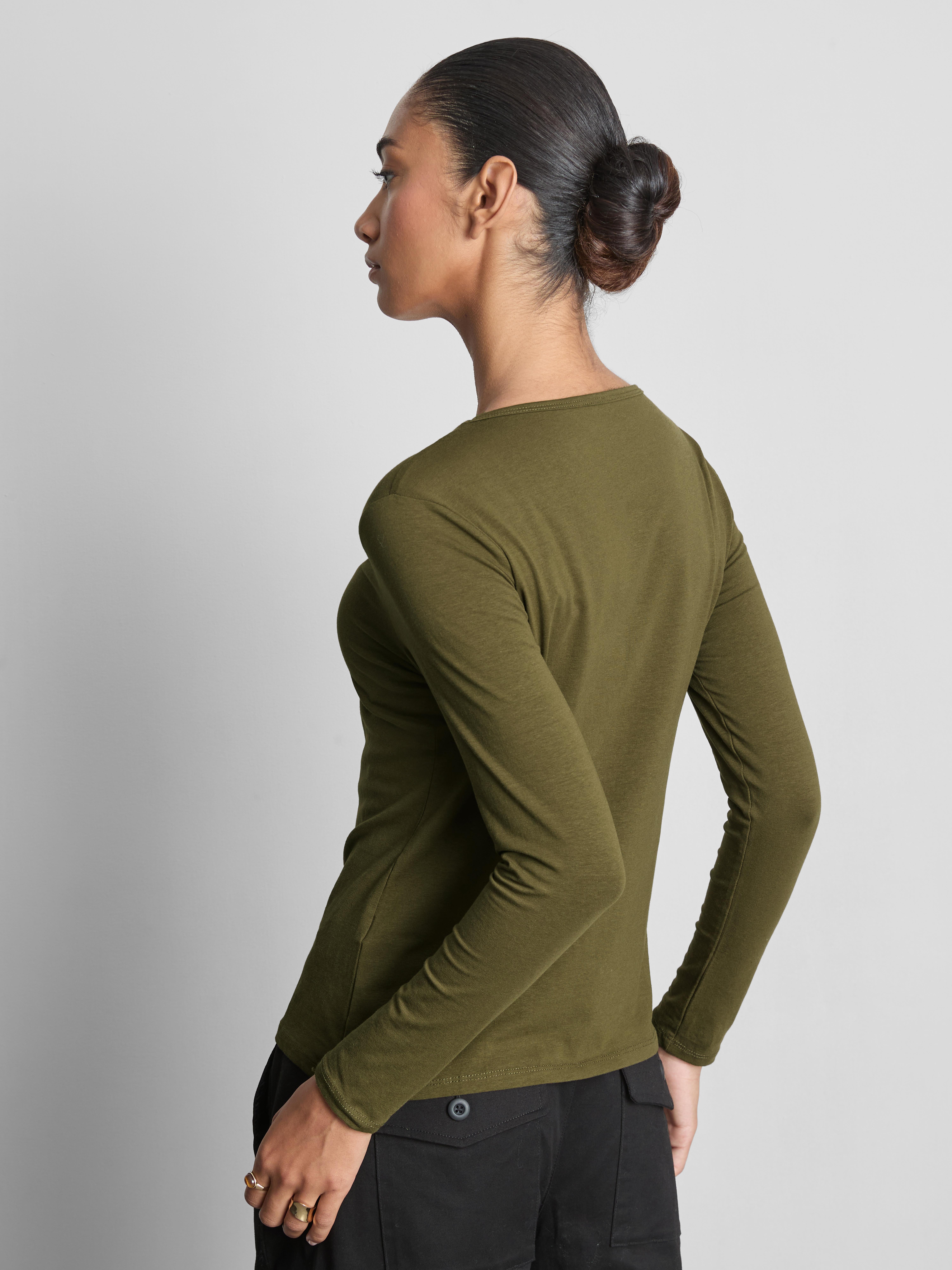 Cotton-Rich Stretch Long-Sleeve Crewneck Top - Olive