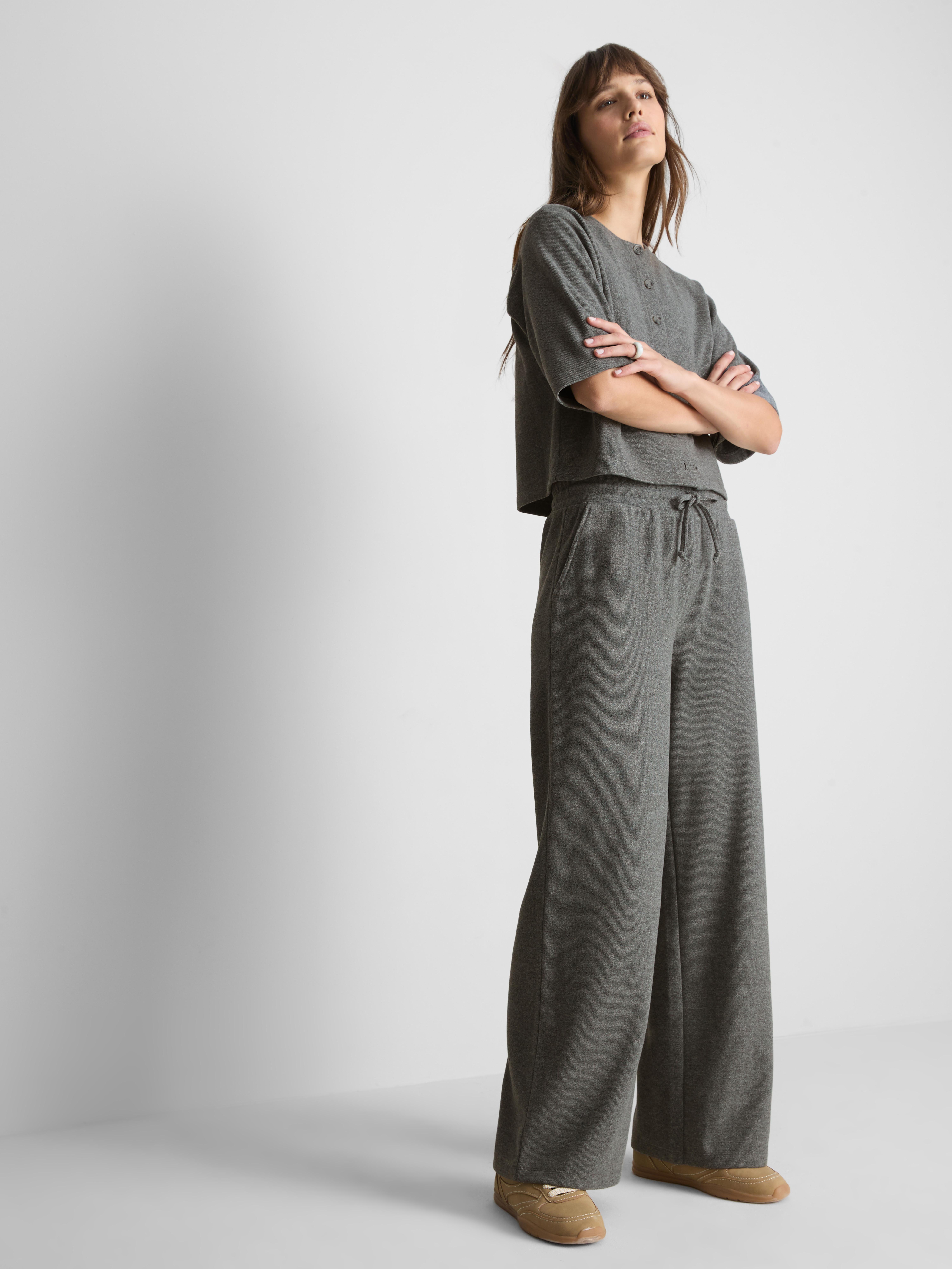 Cotton Blend Cozy Wide Leg Joggers - Gray Heather