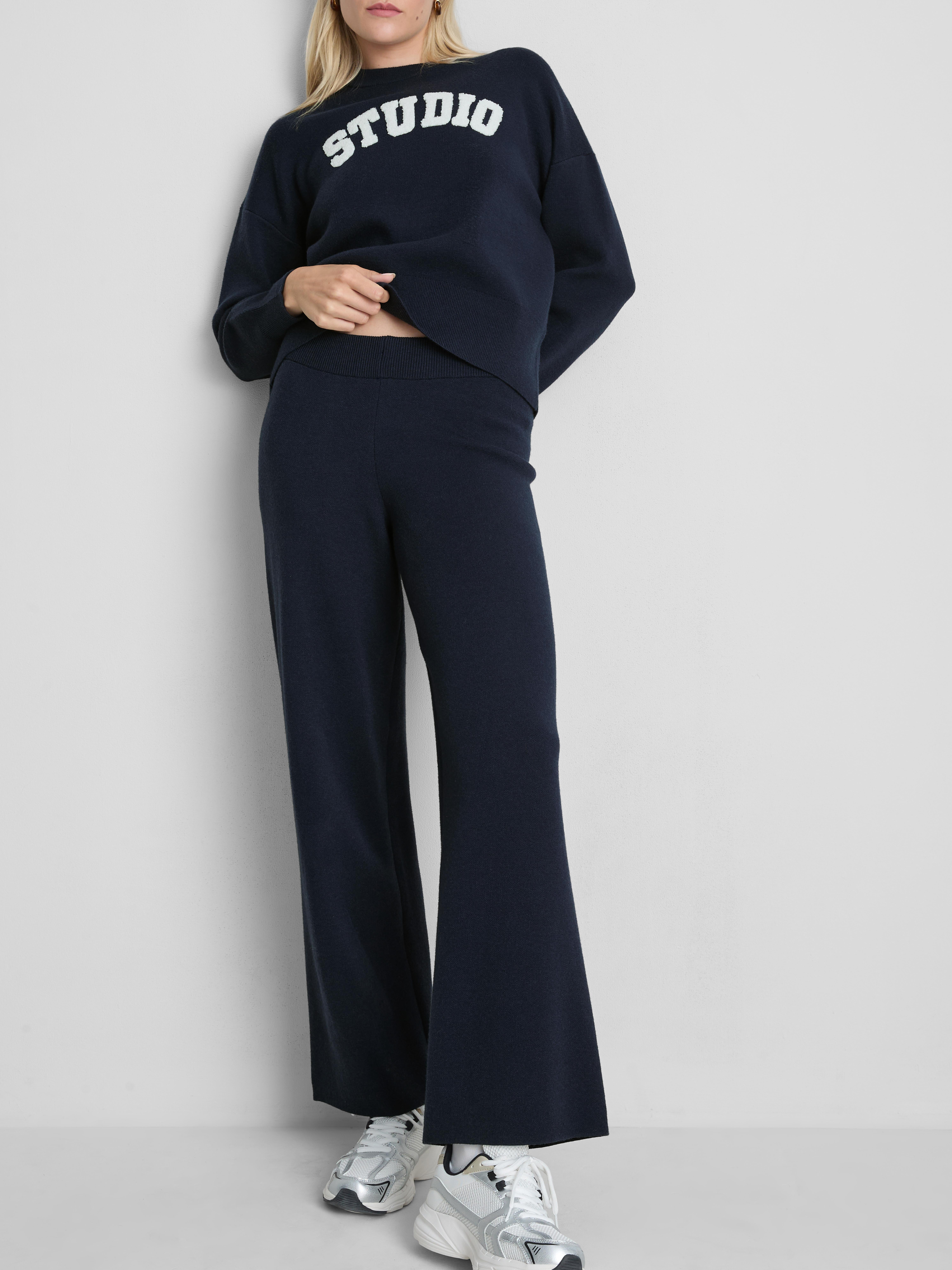 Compact Knit Wide Leg Leggings - Navy