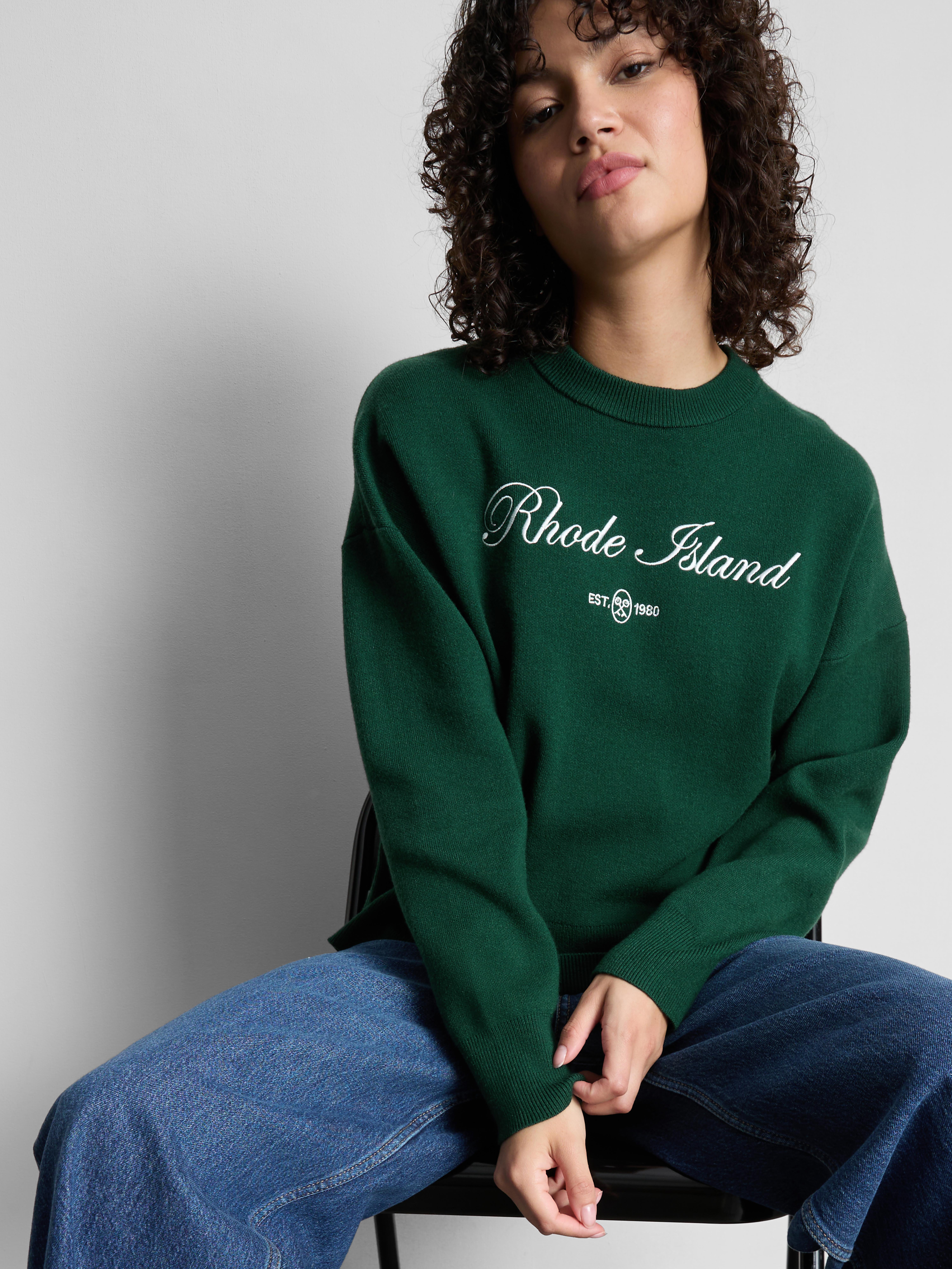 Knitted Crewneck Slogan Sweater - Green