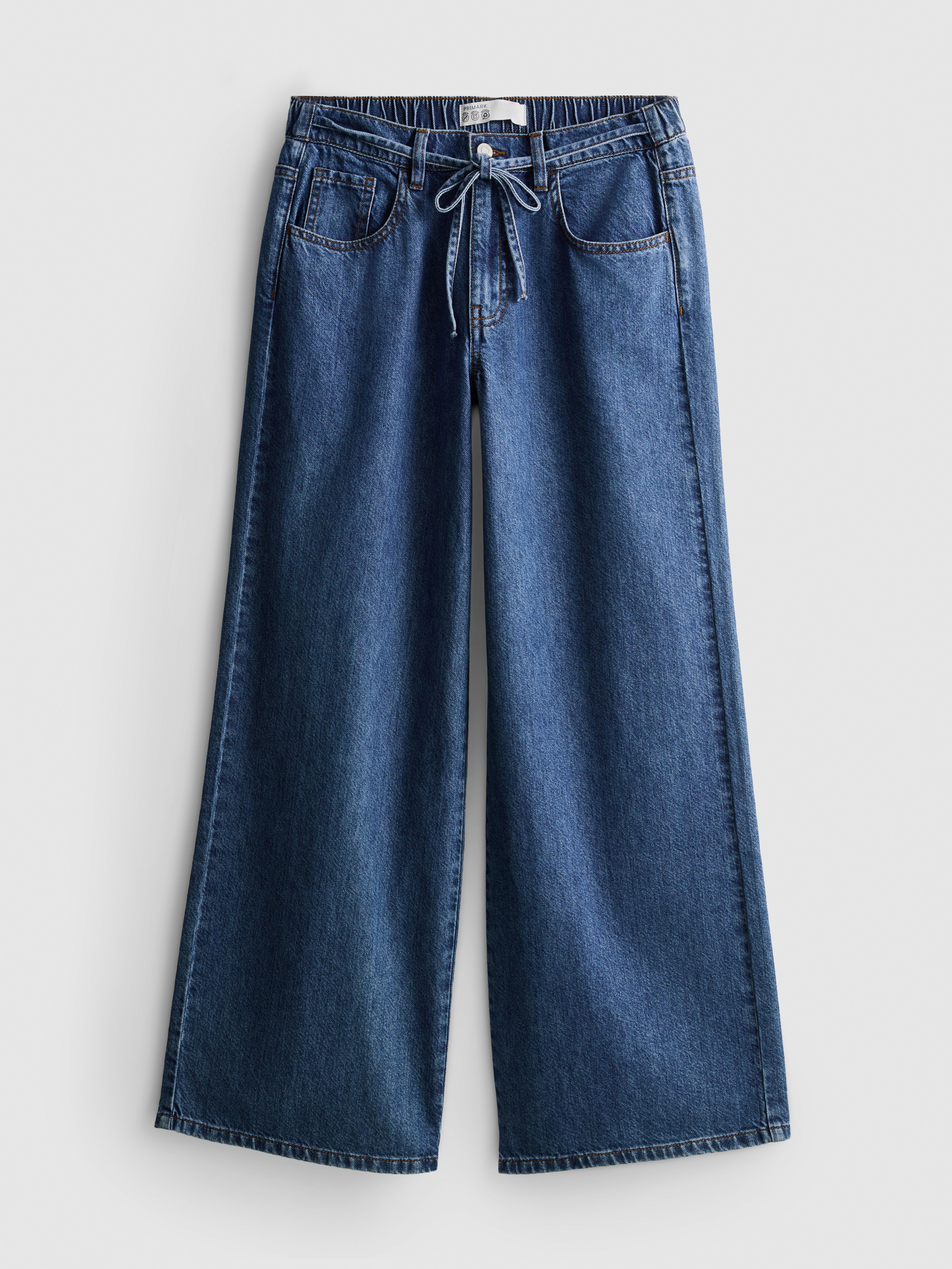 Cotton Denim Wide-Leg Drawstring Jeans - Mid Blue