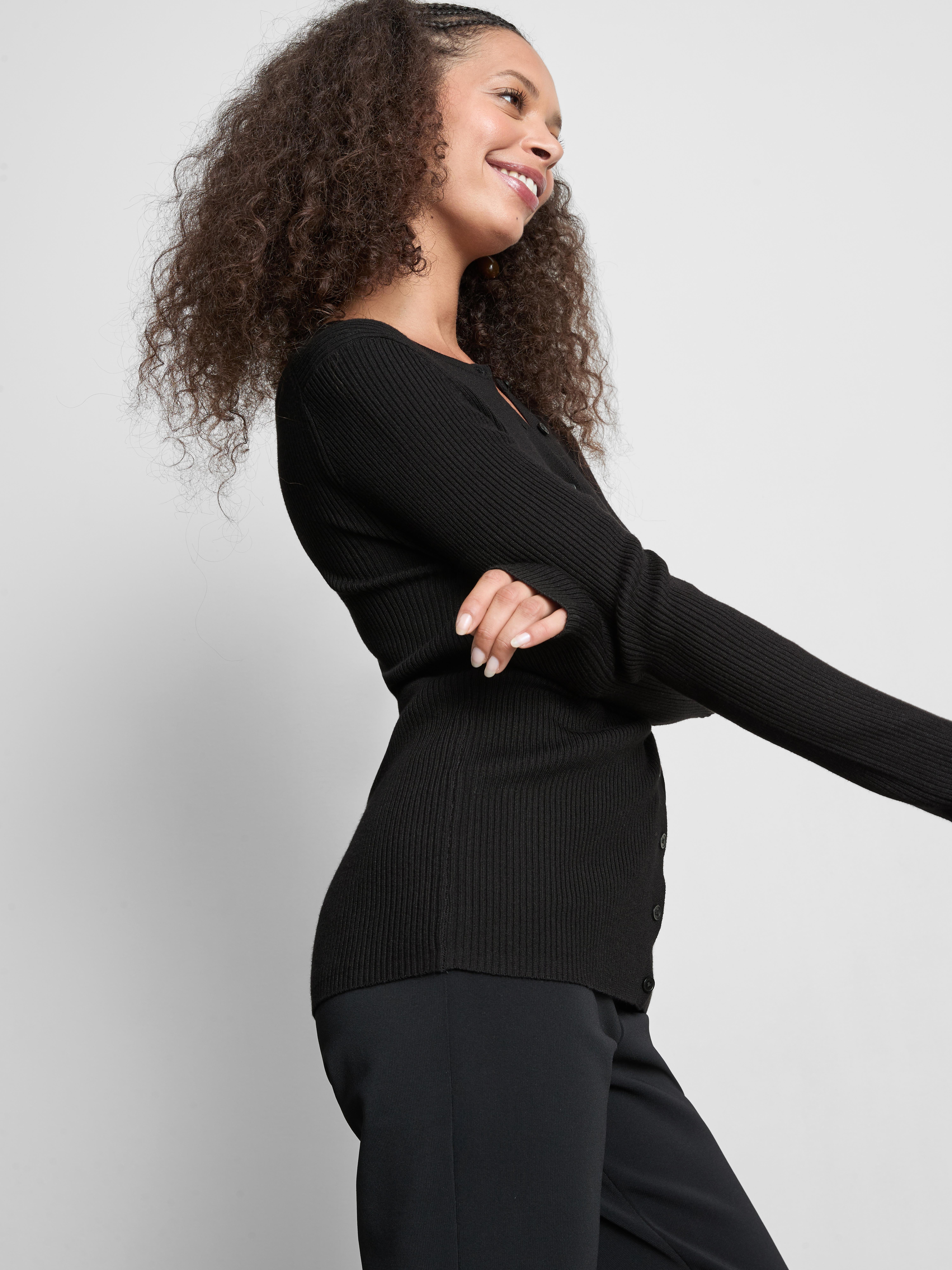 Ribbed Round Neck Cardigan - Black