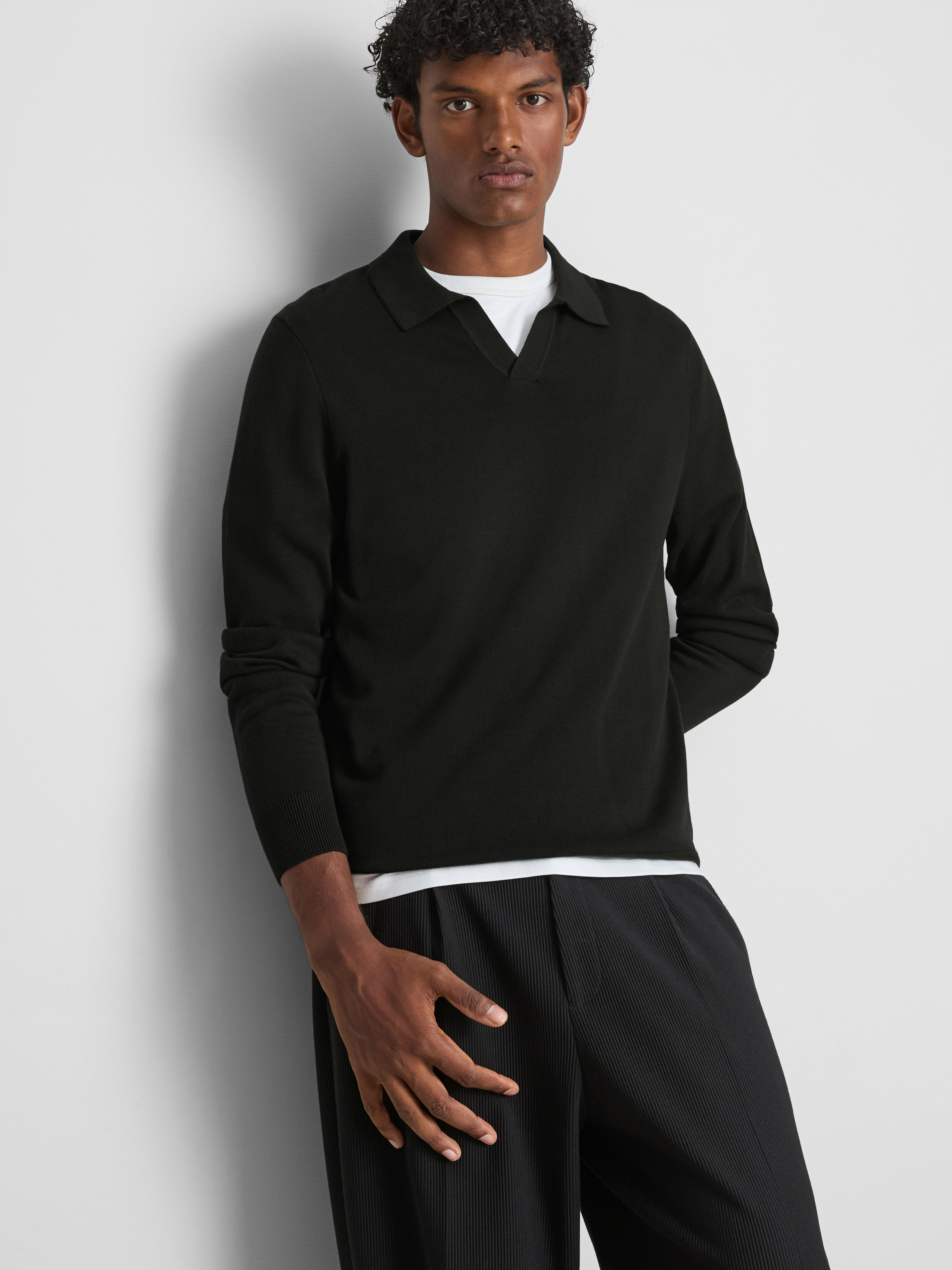 Knitted Long-Sleeve Polo Shirt - Black