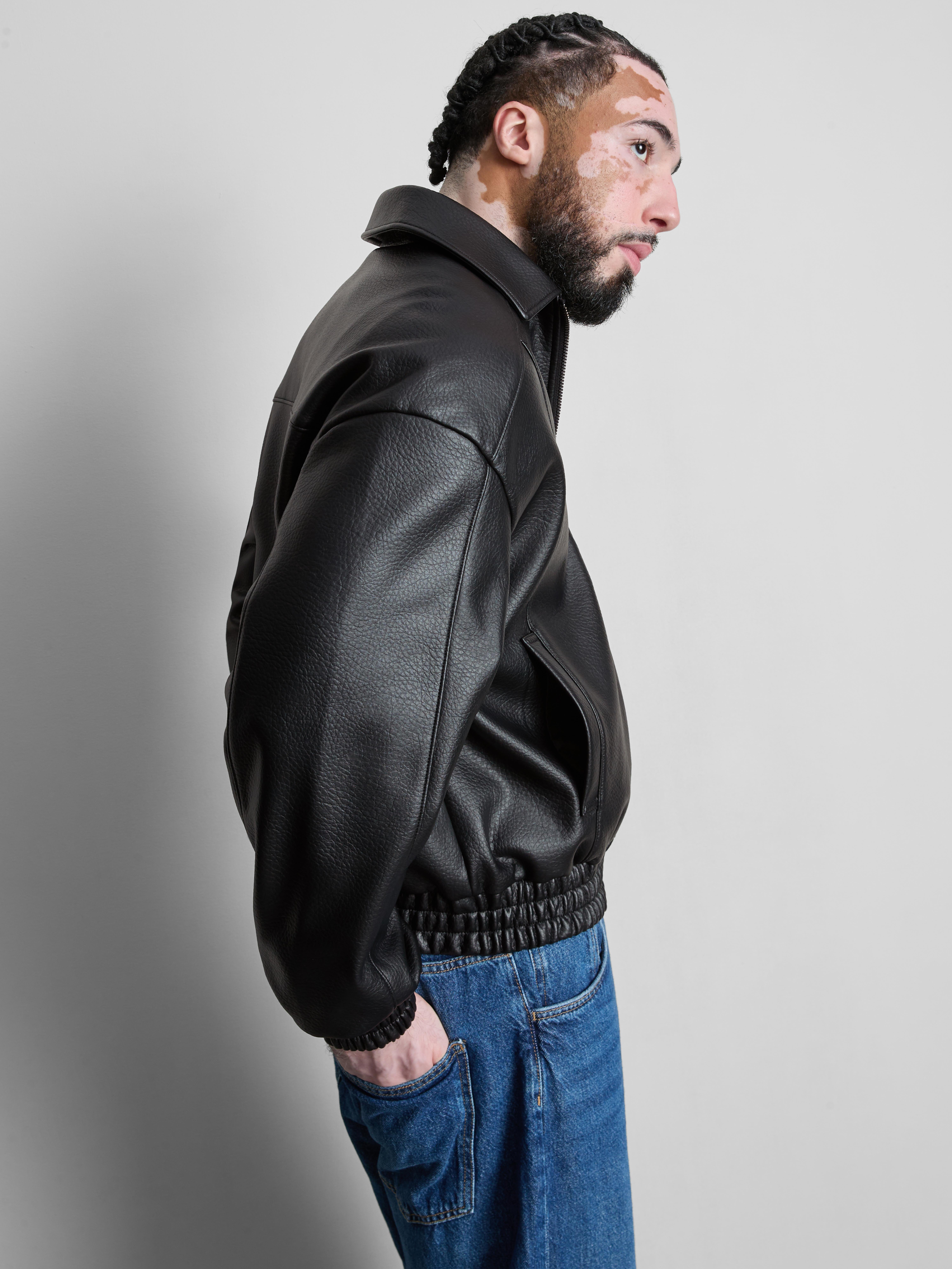 Faux Leather Bomber Jacket - Black