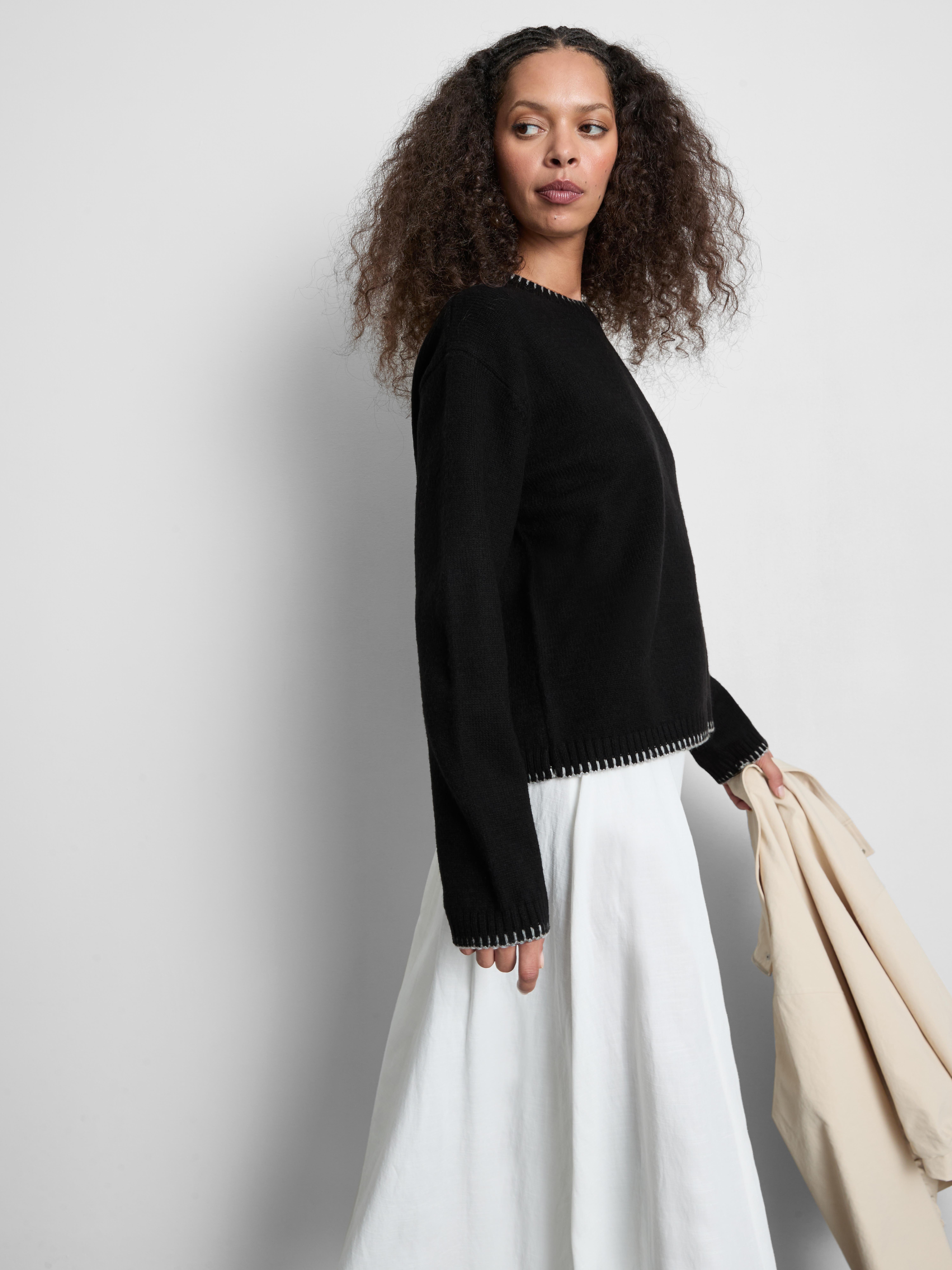 Knitted Stitch-Detail Crewneck Sweater - Black