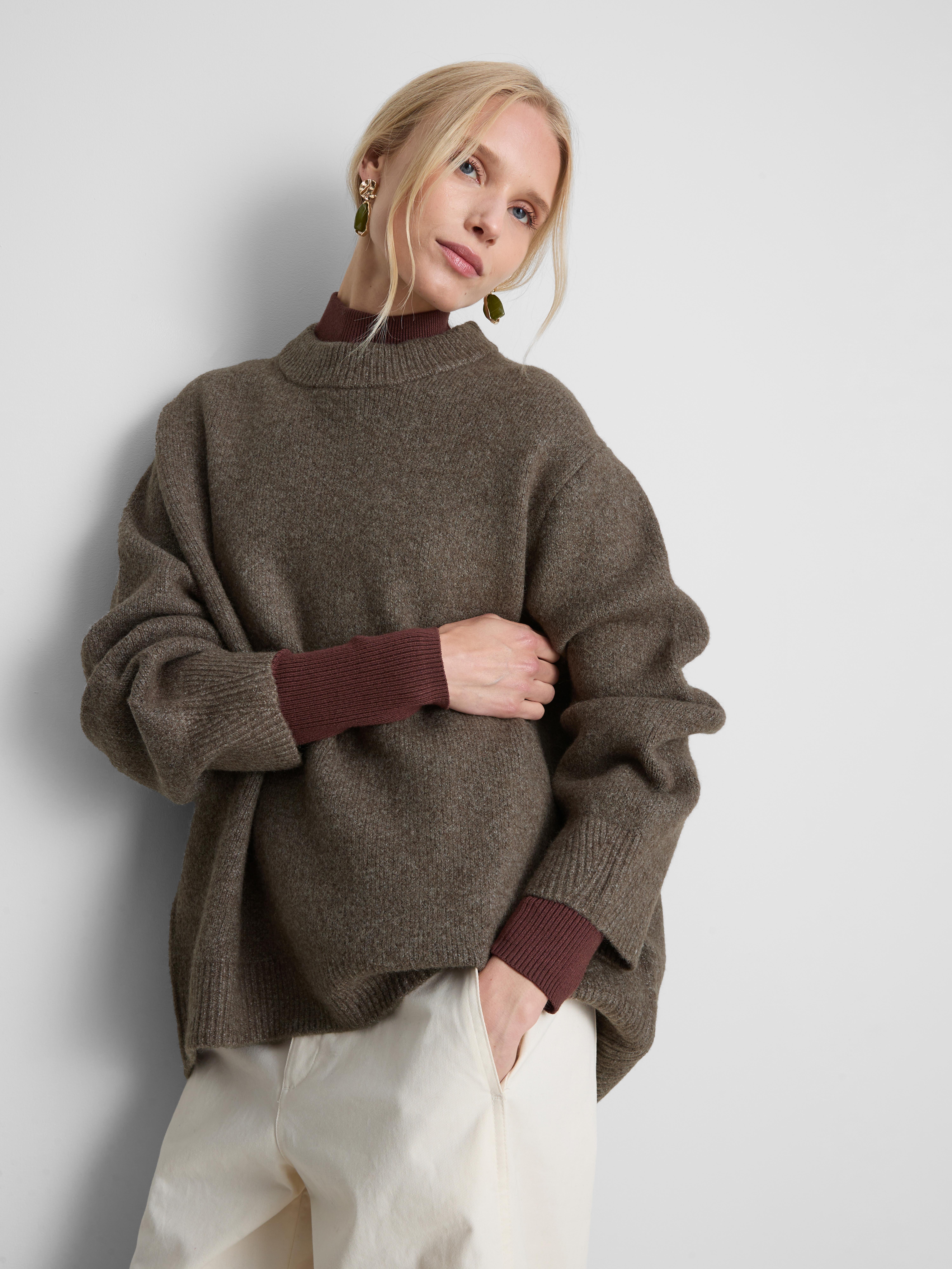 Wool Blend Oversized Crew Neck Sweater - Brown