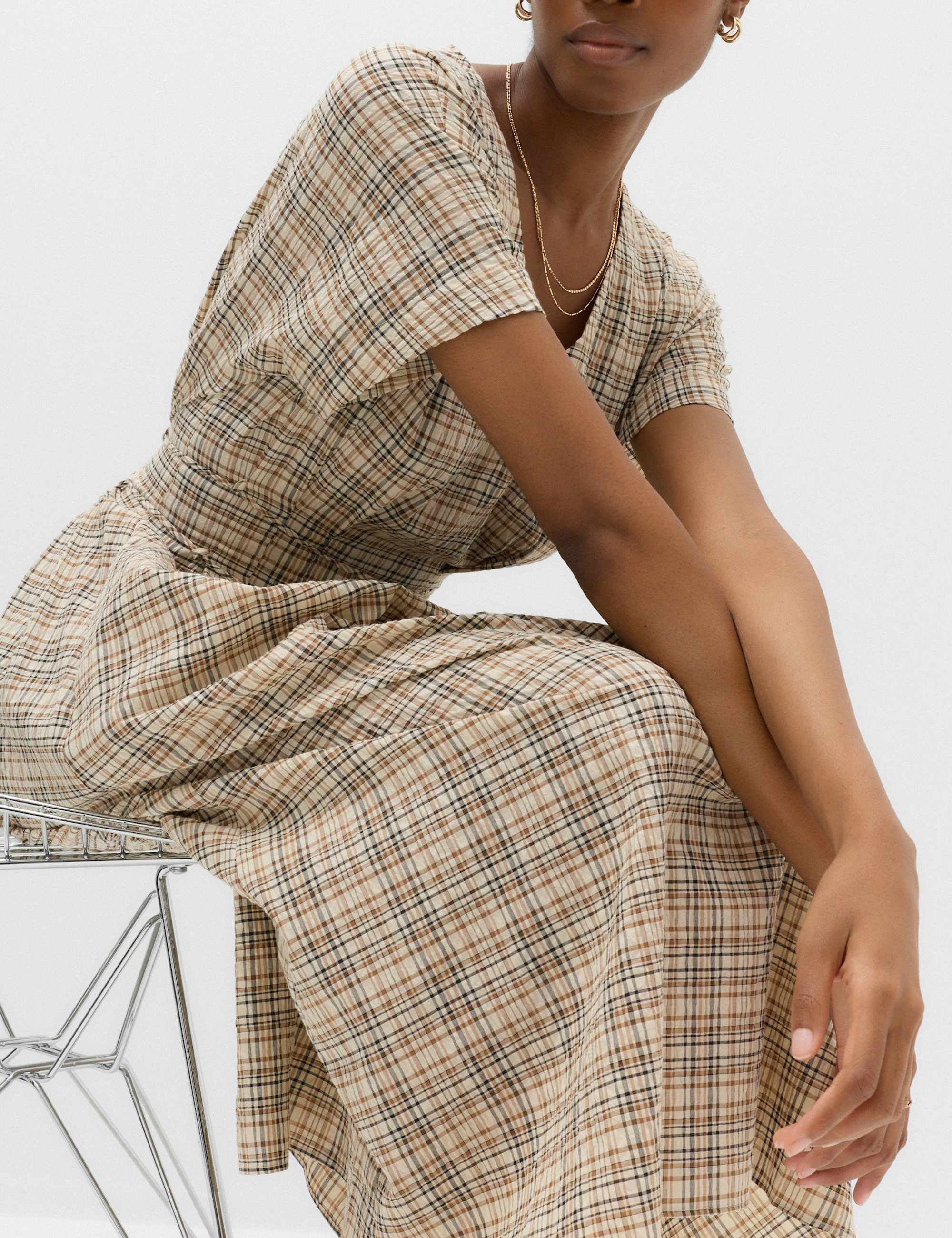 Pure Cotton Checked V-Neck Midi Waisted Dress