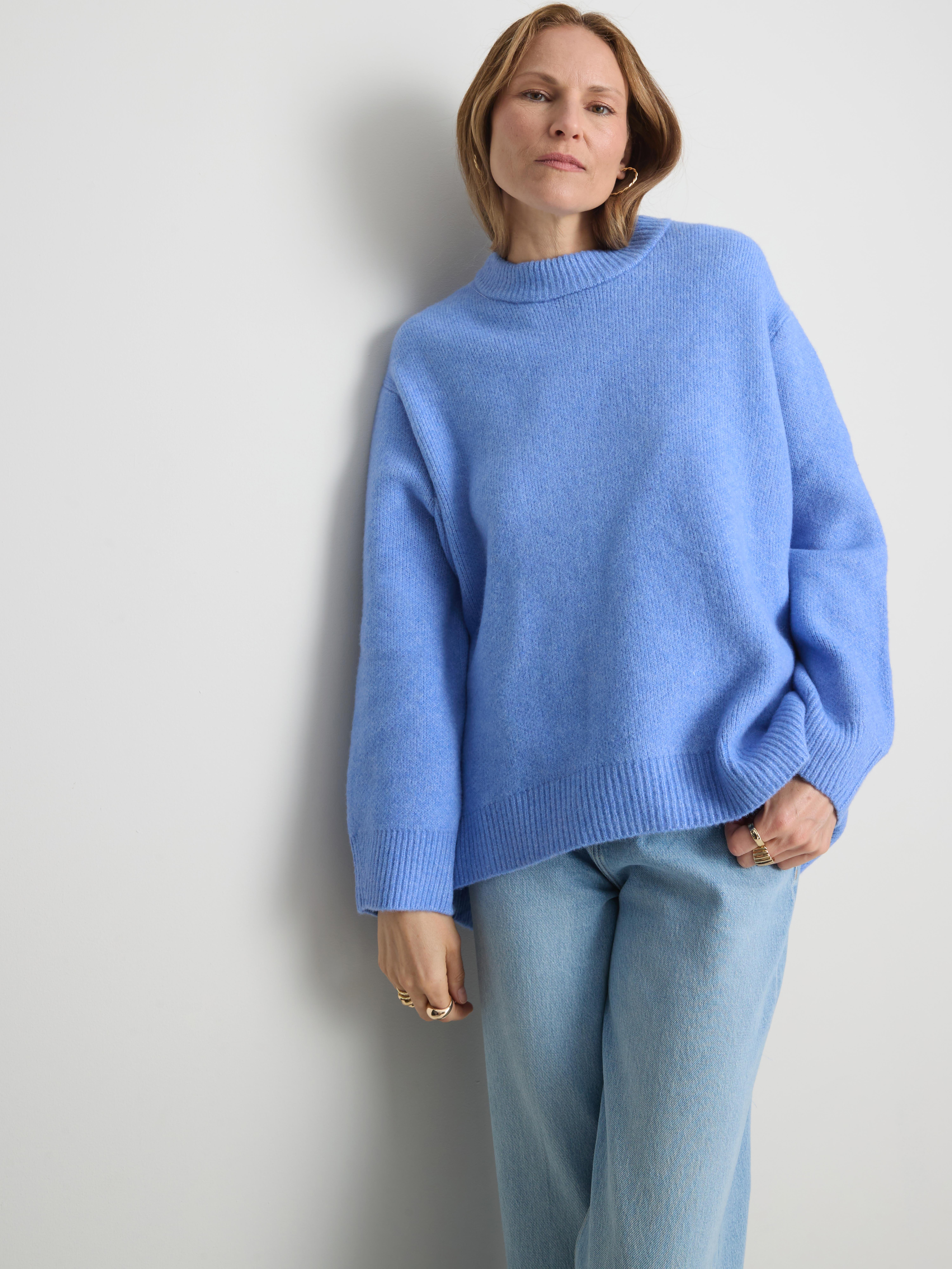 Wool Blend Oversized Crew Neck Sweater - Blue