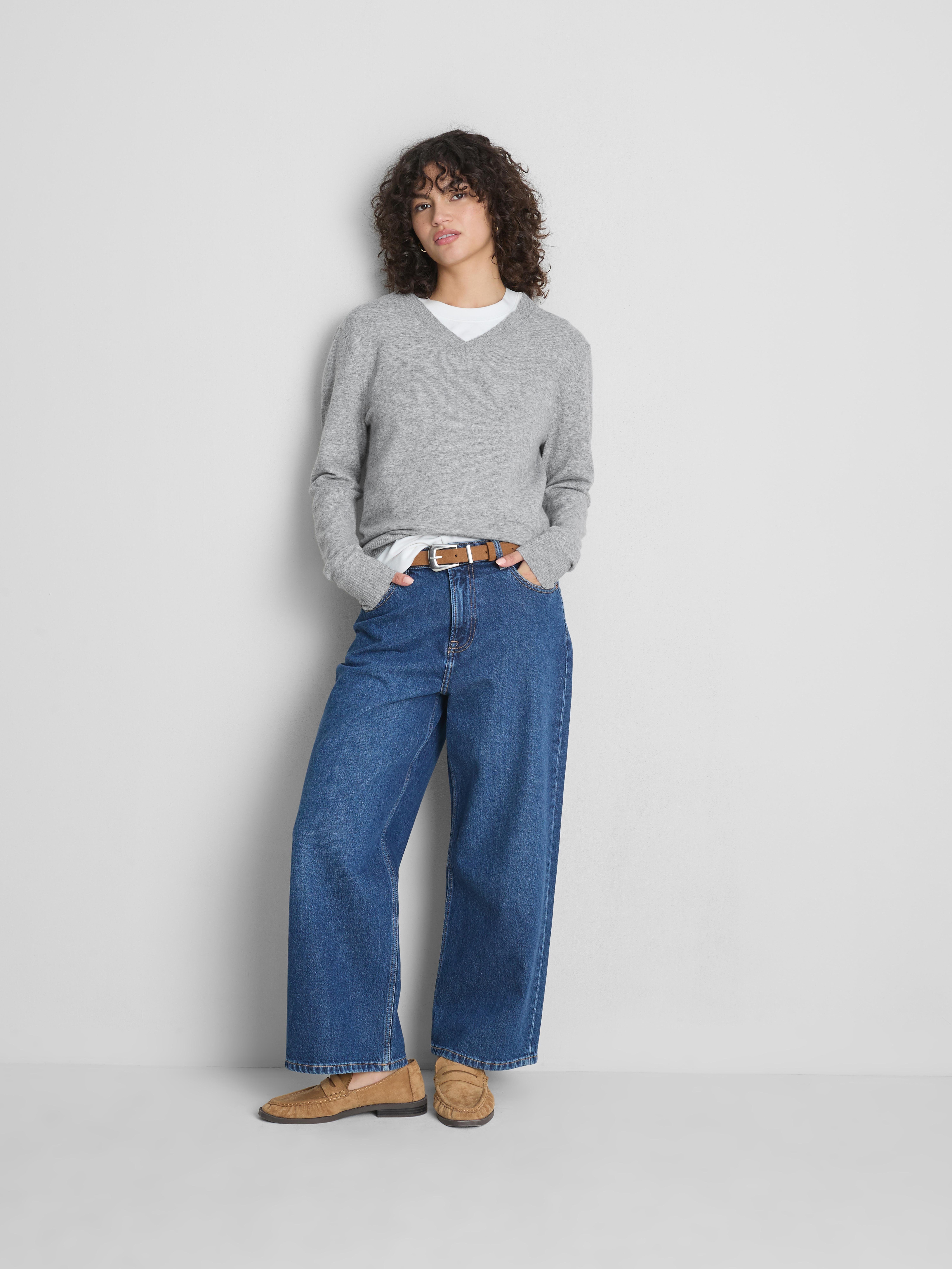 Knitted V-Neck Sweater - Gray