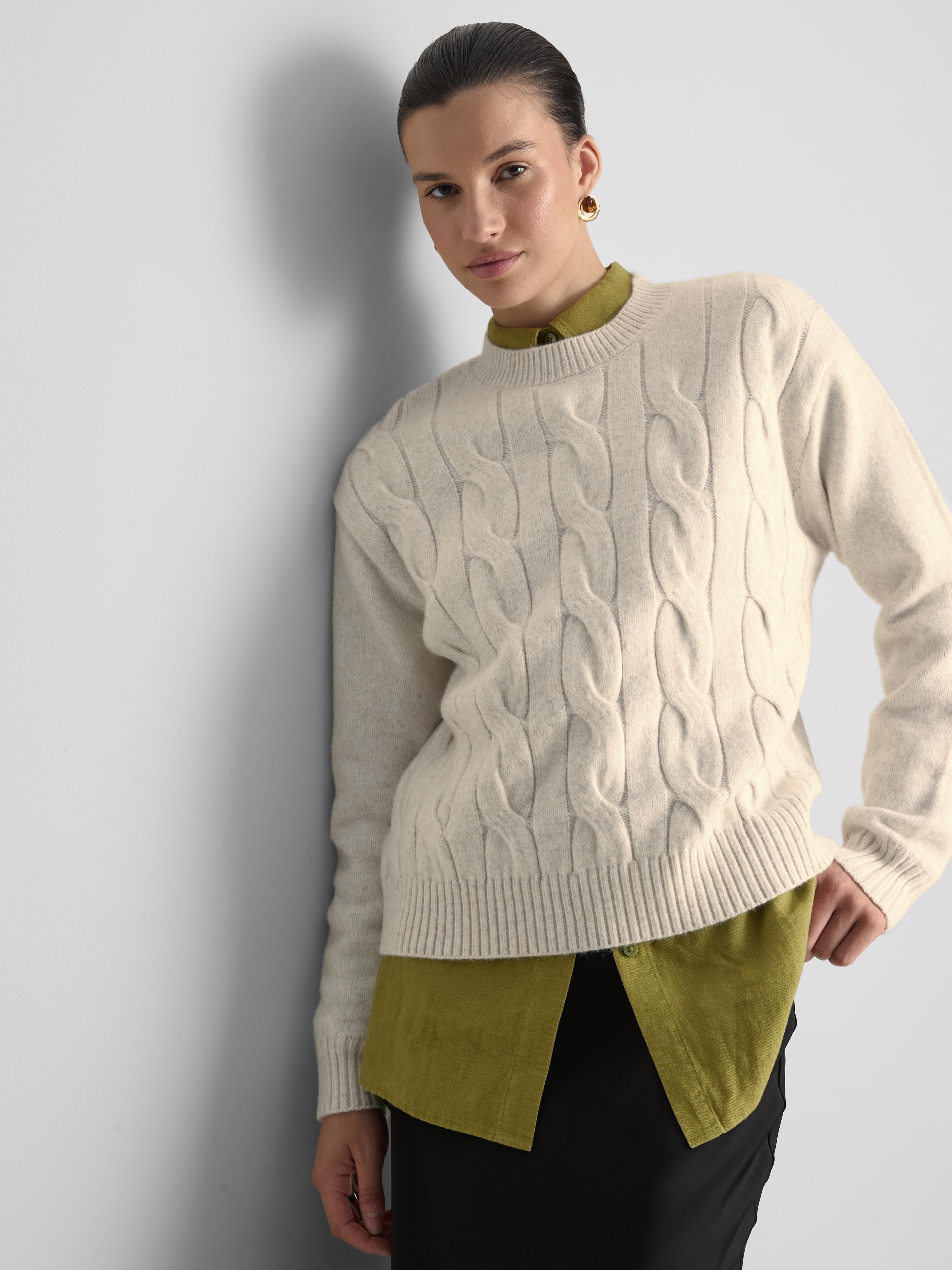 Cable Knit Crew Neck Sweater - Ivory