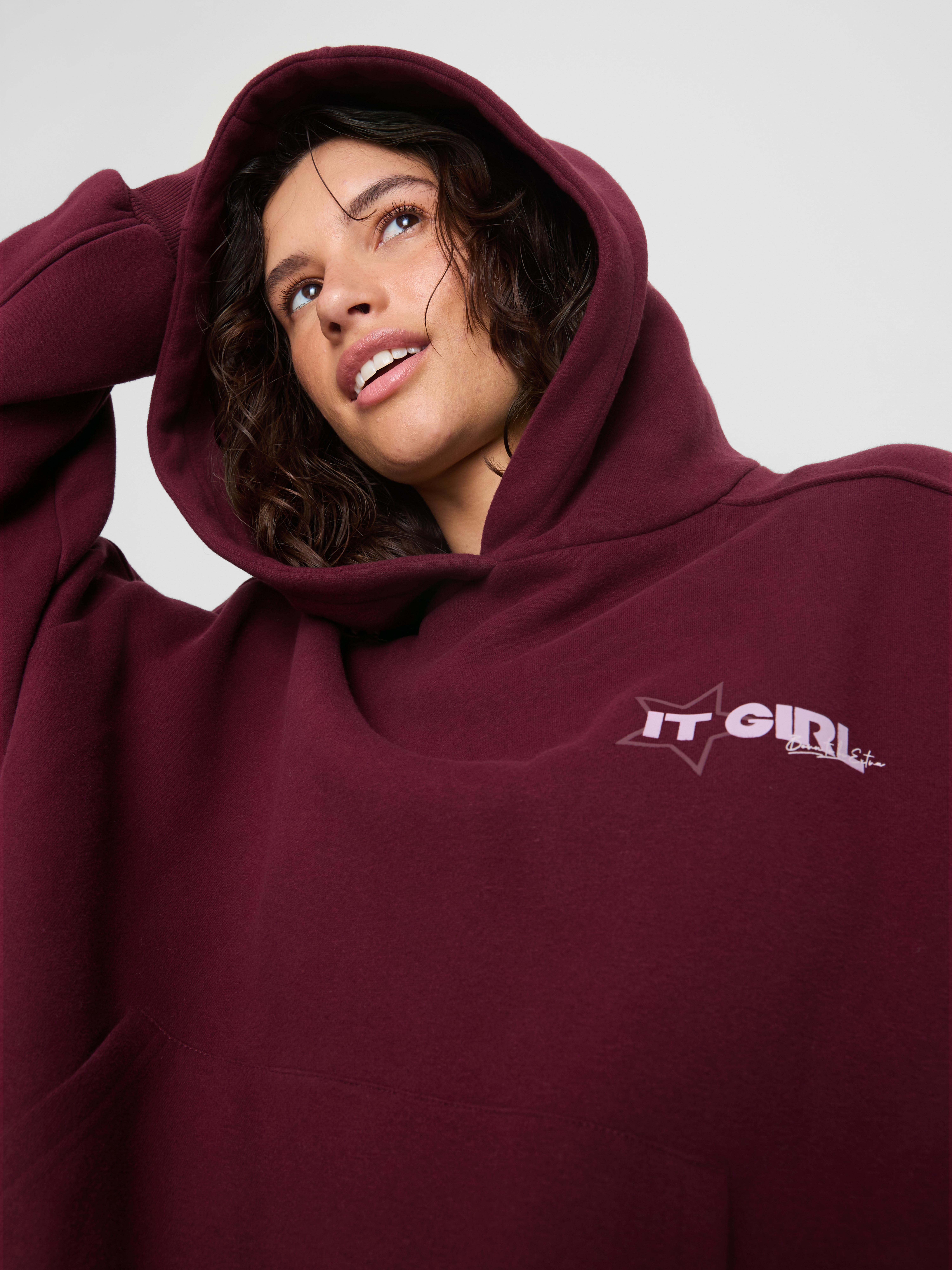 Cotton-Rich Slogan Hoodie - Wine