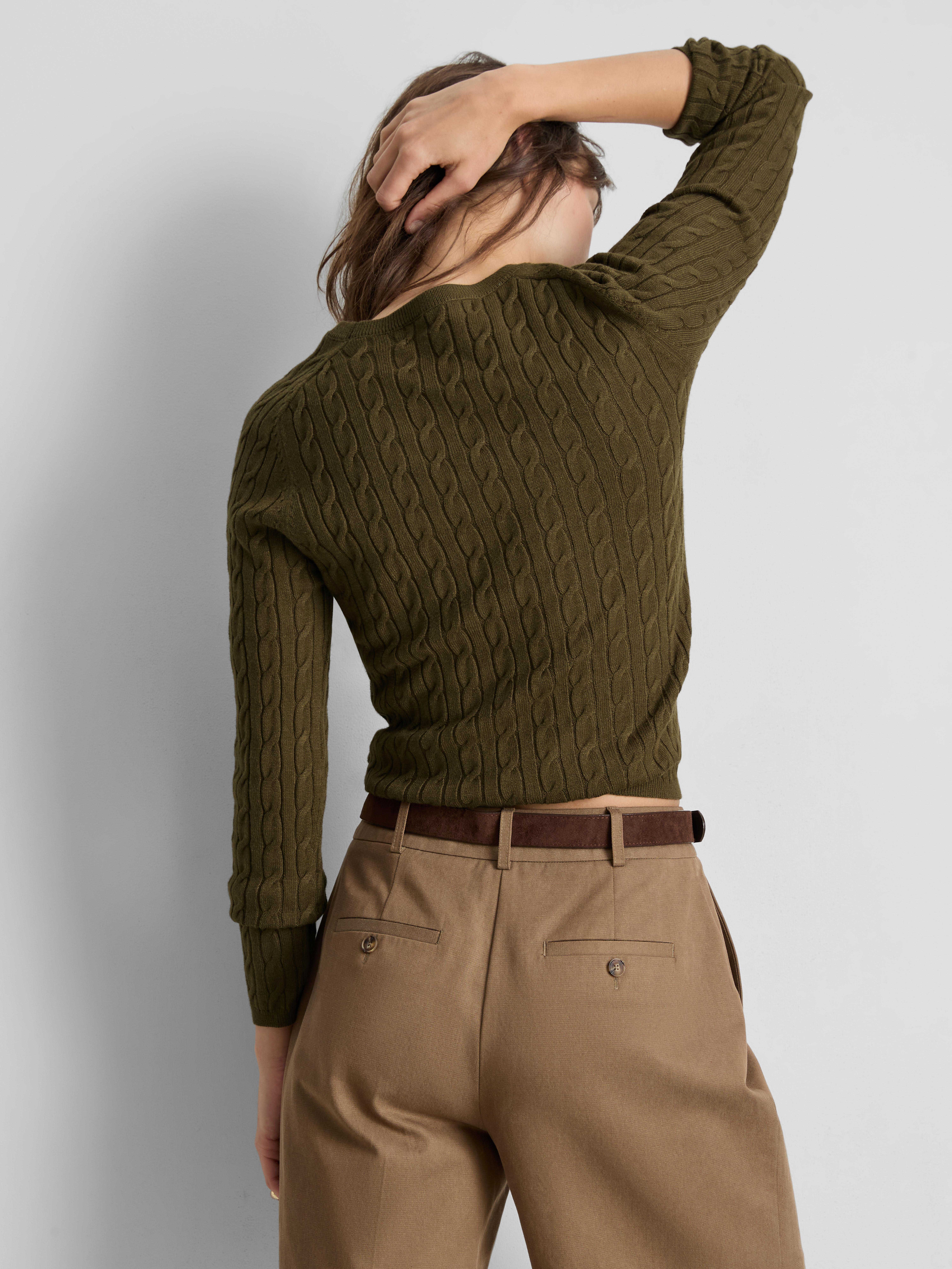 Cable Knit Crew Neck Sweater - Olive