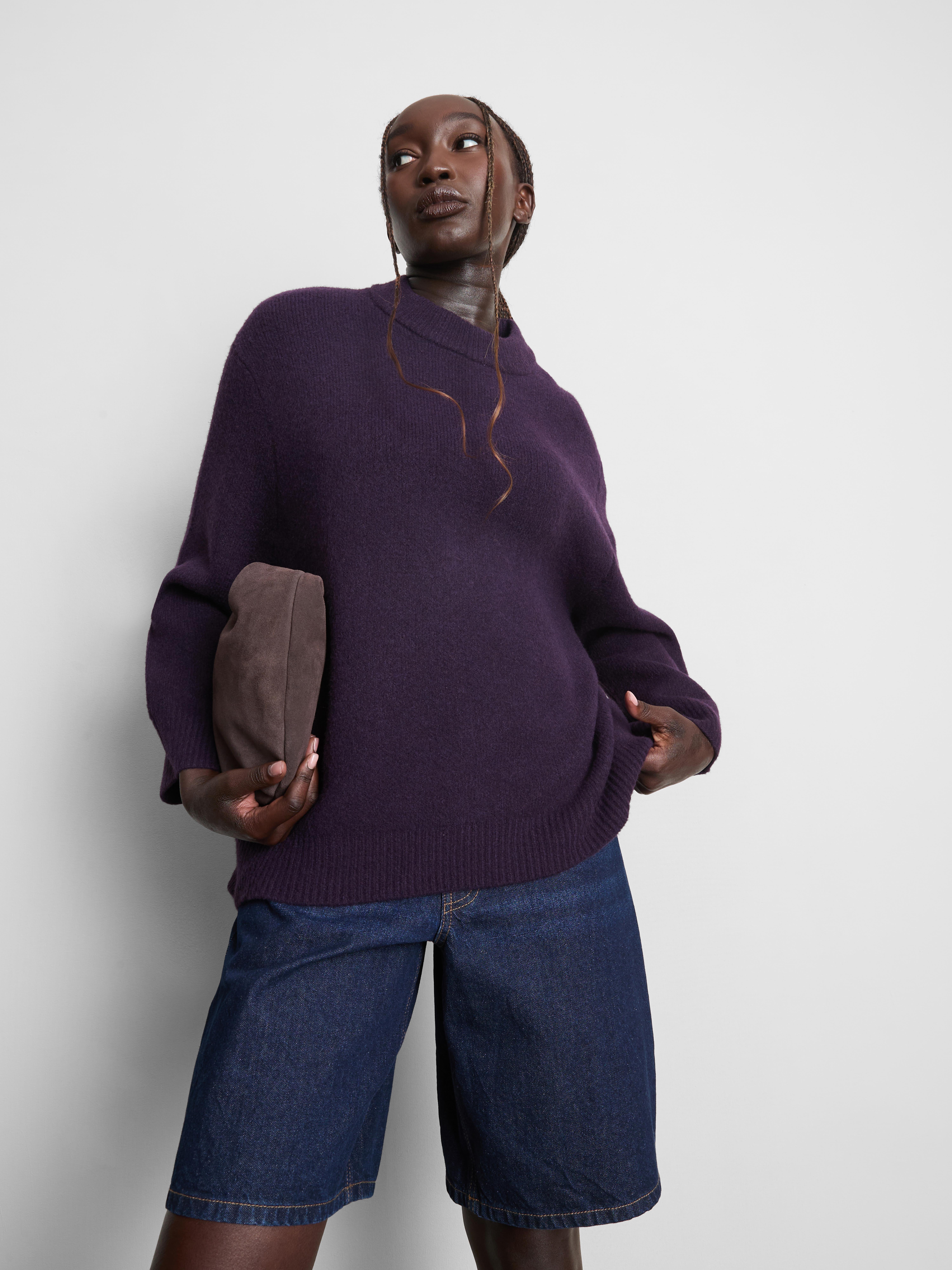 Wool Blend Oversized Crew Neck Sweater - Dark Purple