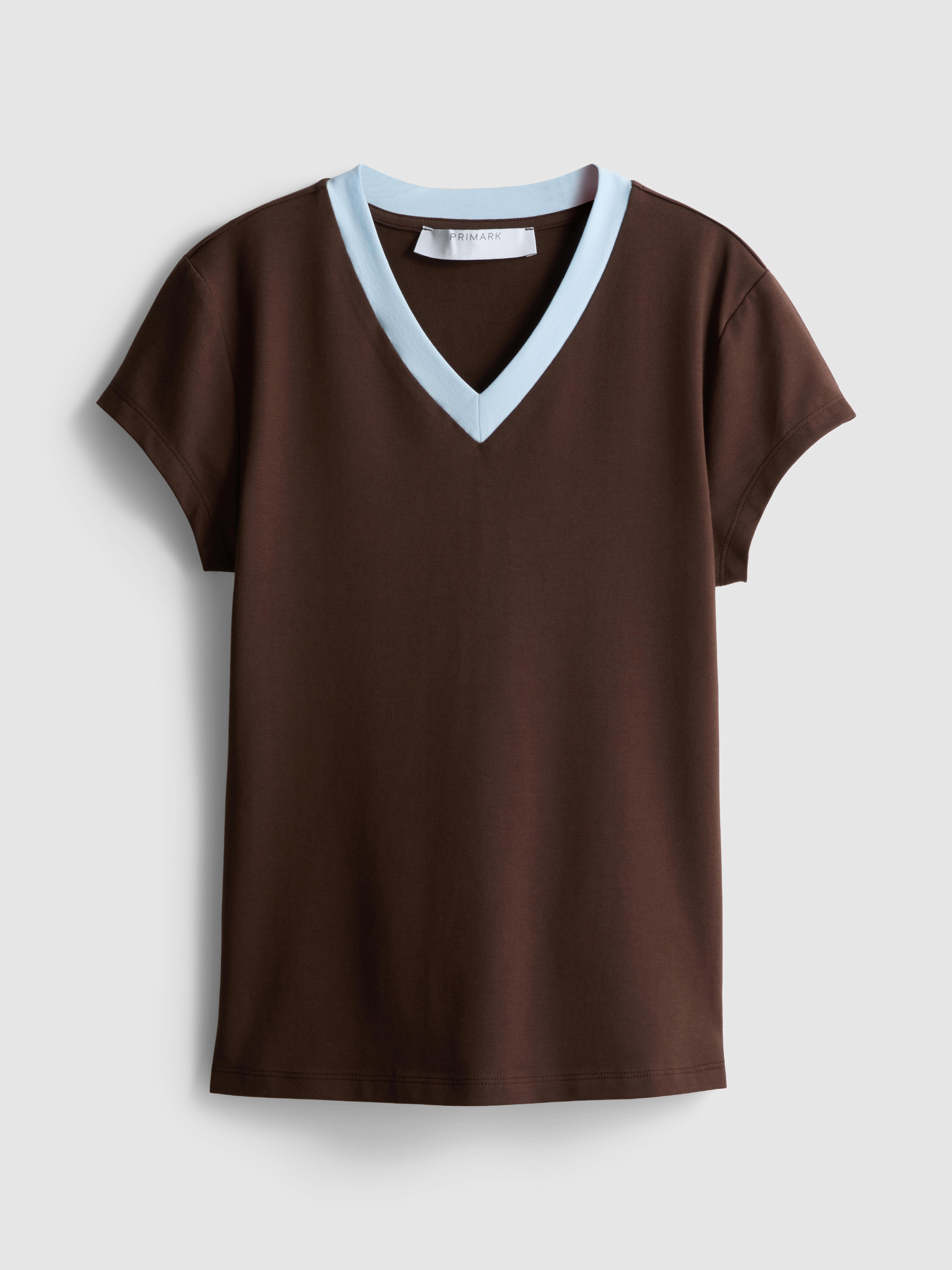 Cotton Rich Contrast V Neck Tee - Blue