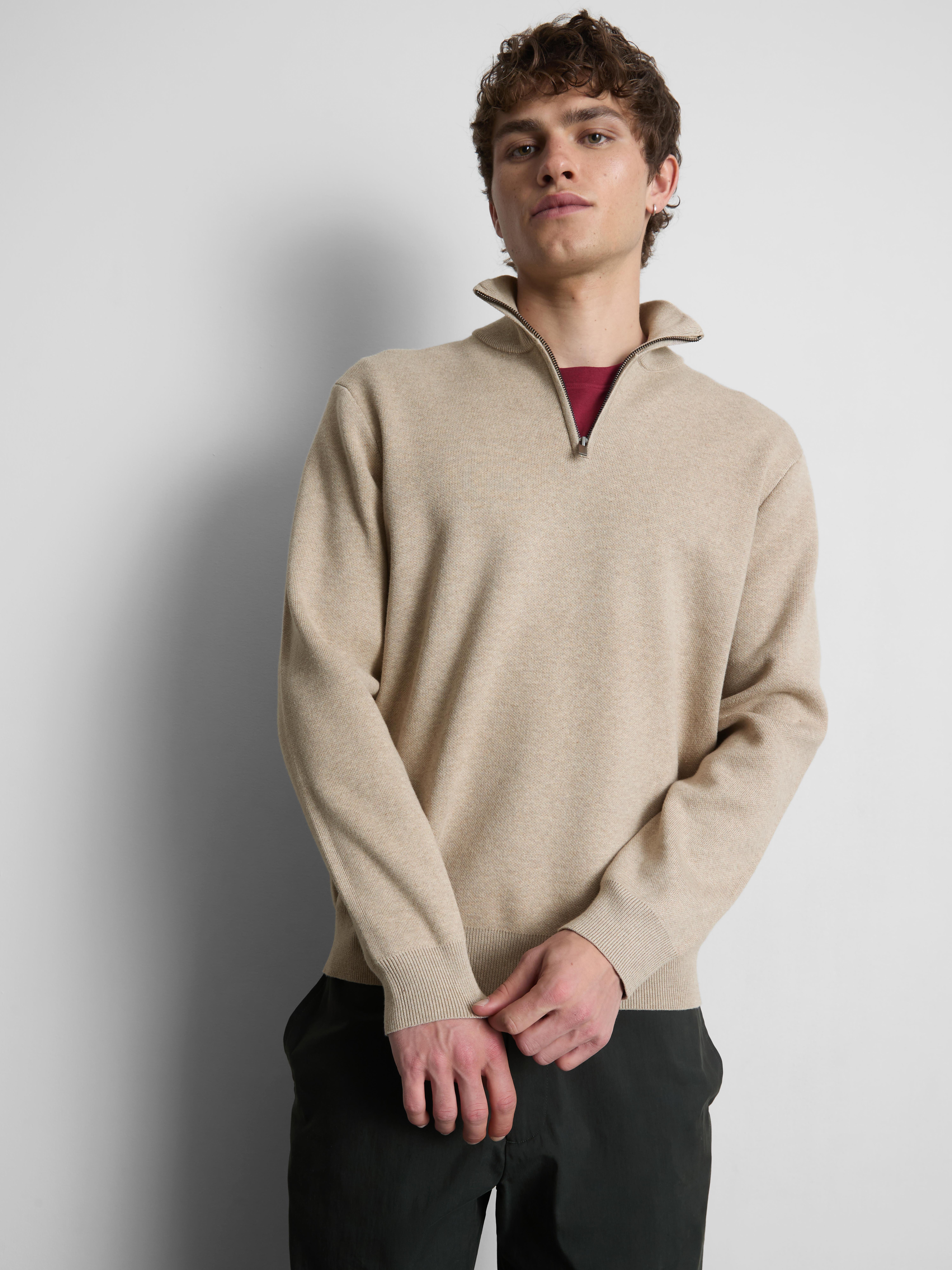Zip Neck Knitted Sweater - Natural
