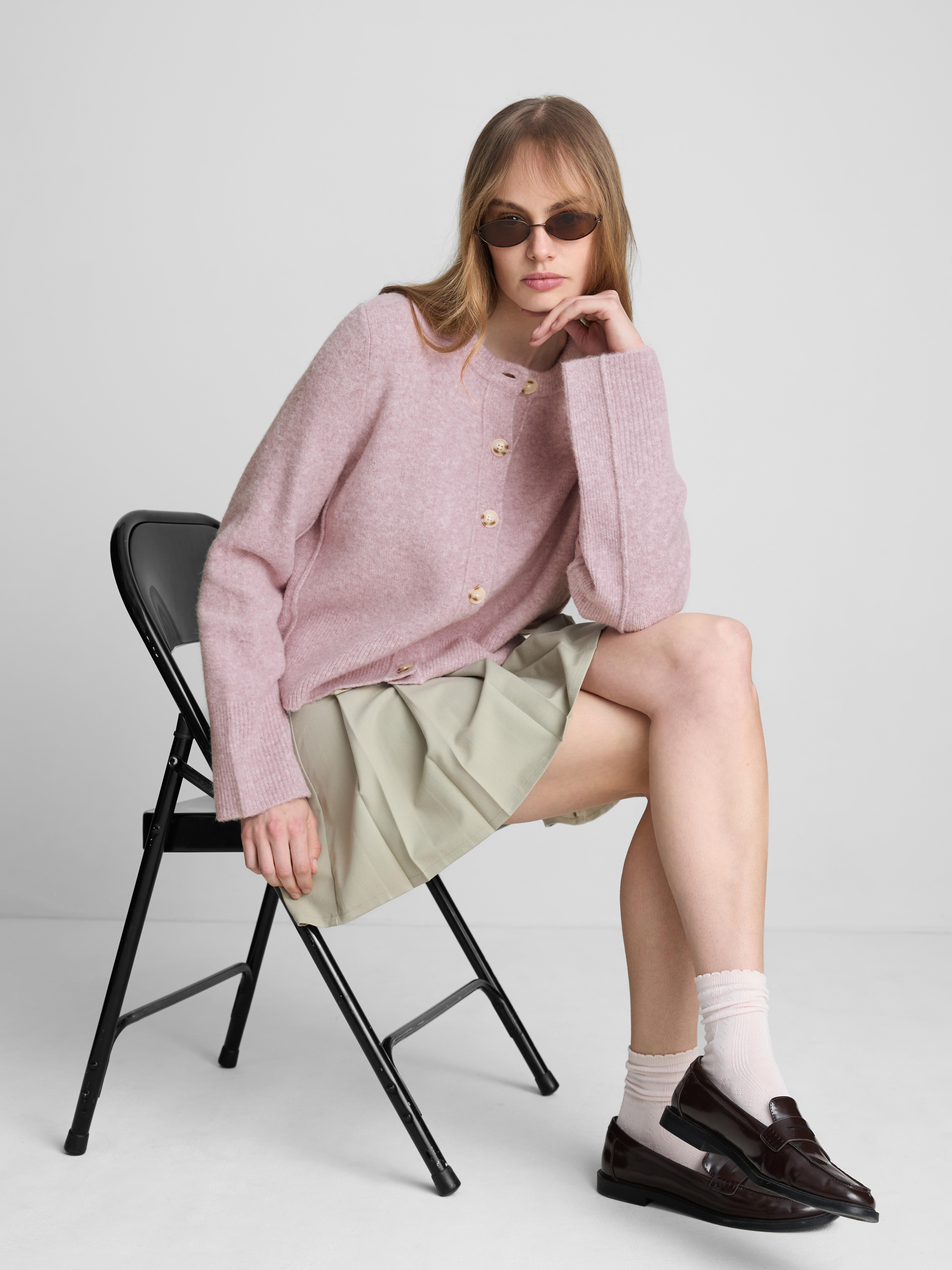 Relaxed Knitted Crew Neck Cardigan - Lilac