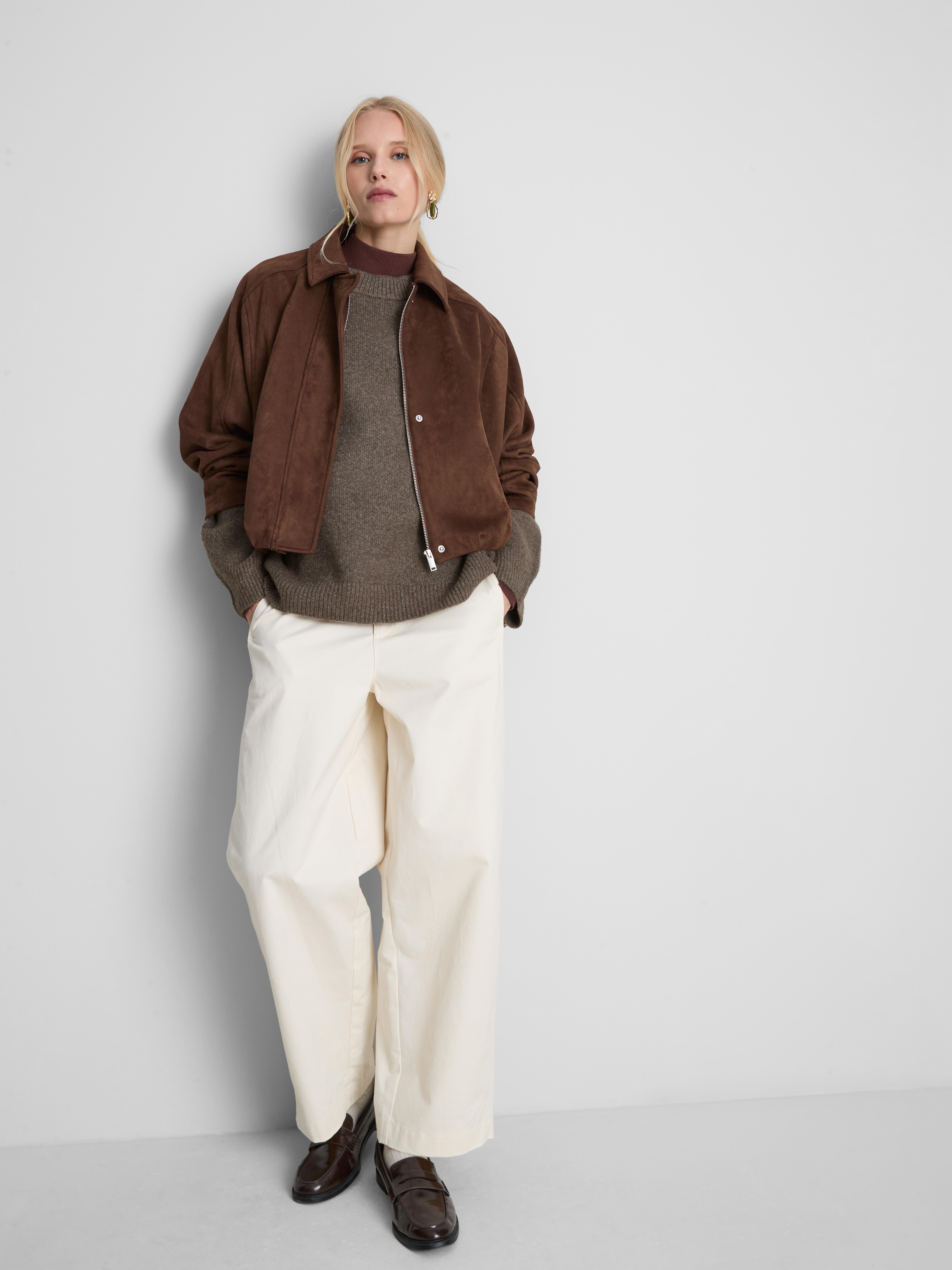 Wool Blend Oversized Crew Neck Sweater - Brown