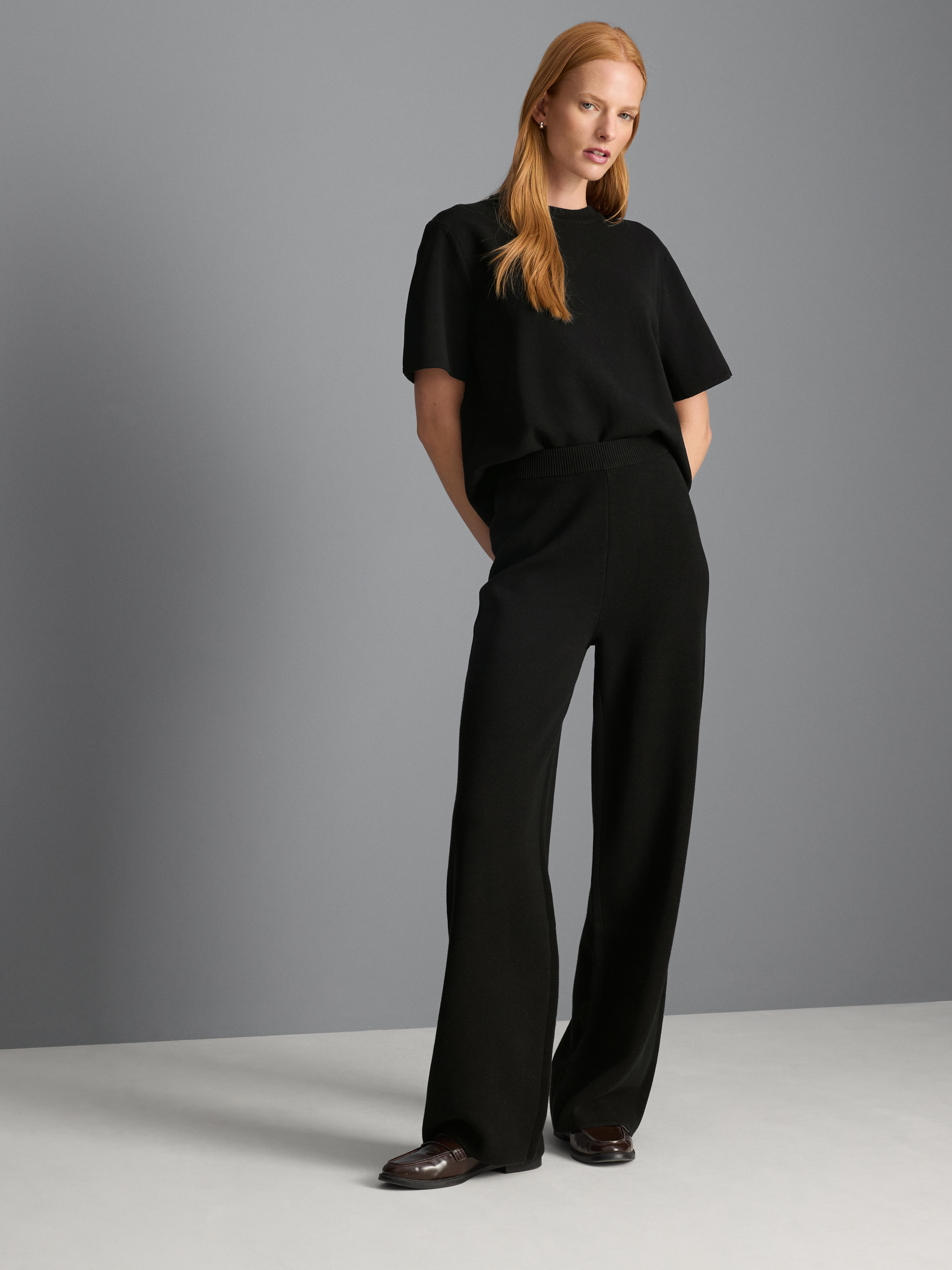 Compact Knit Wide-Leg Pants - Black