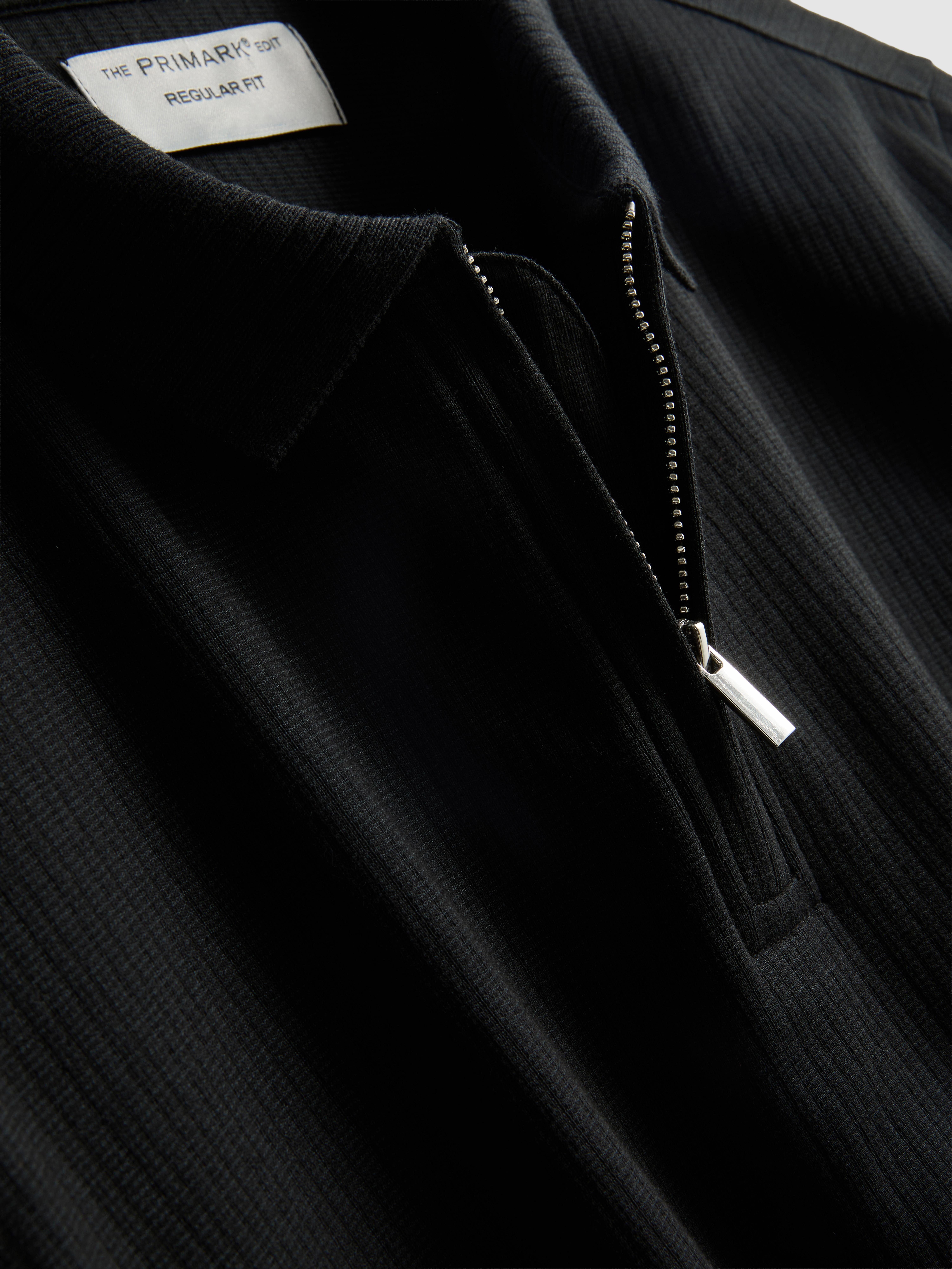 The Edit Ribbed Zip Neck Polo Shirt - Black