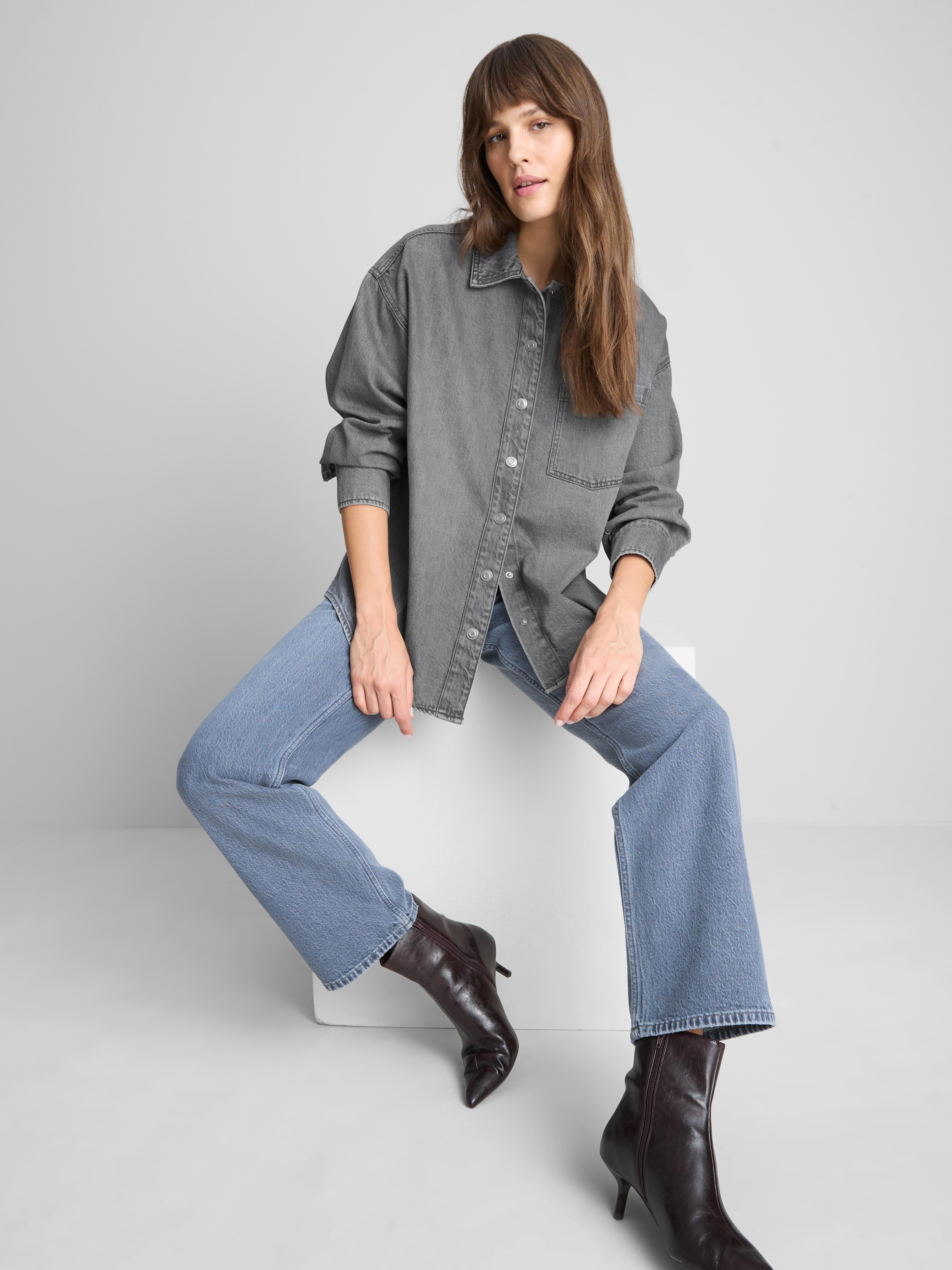 Relaxed Cotton Denim Button-Up Shirt - Gray